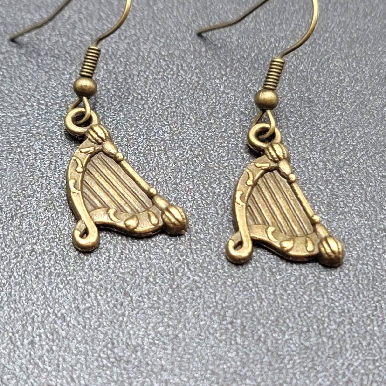 New Harp Pierced Earrings Bronze tone Embossed Dangle 7/8"