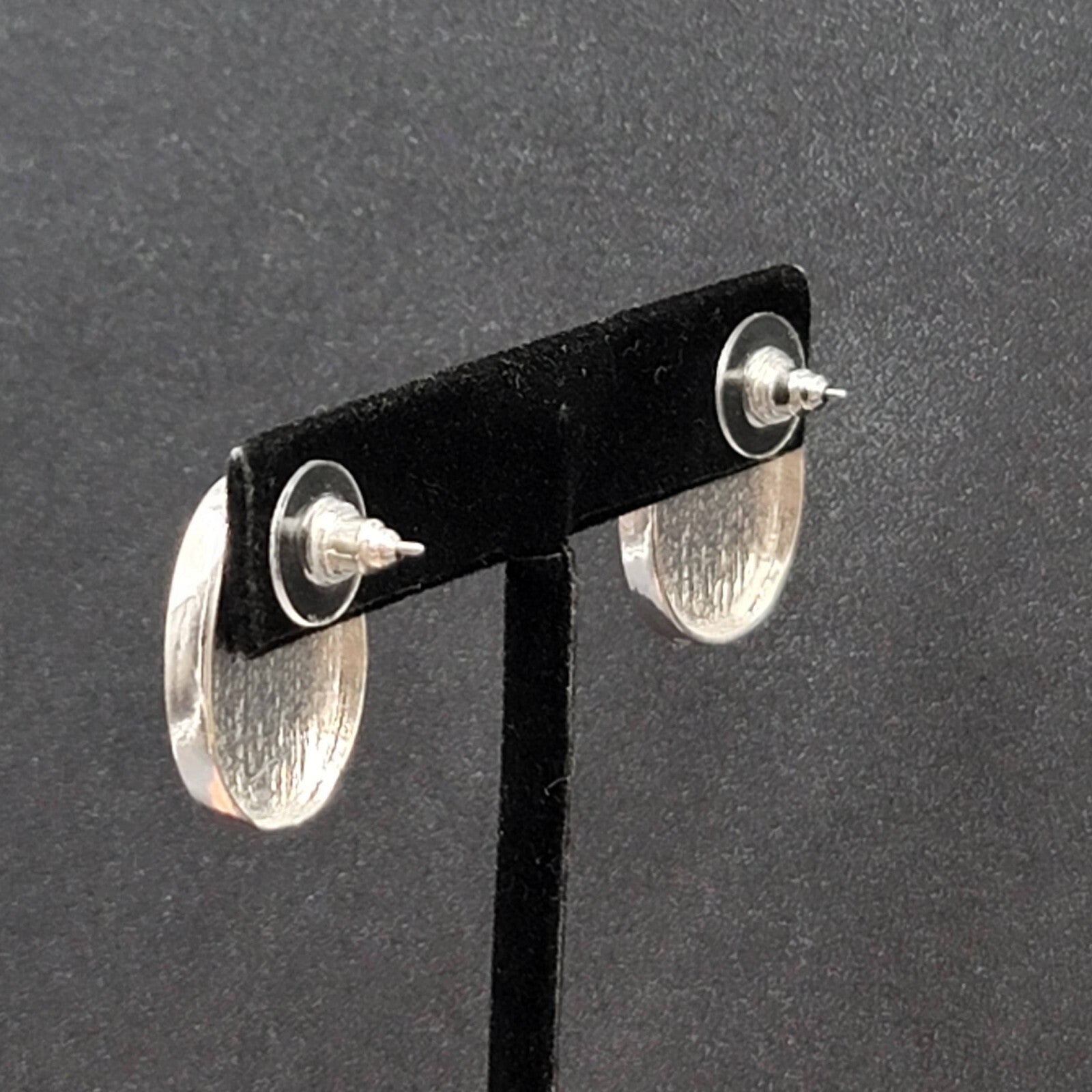 Pierced Earrings Silver tone Ivory White Enamel Oval Drop 7/8"