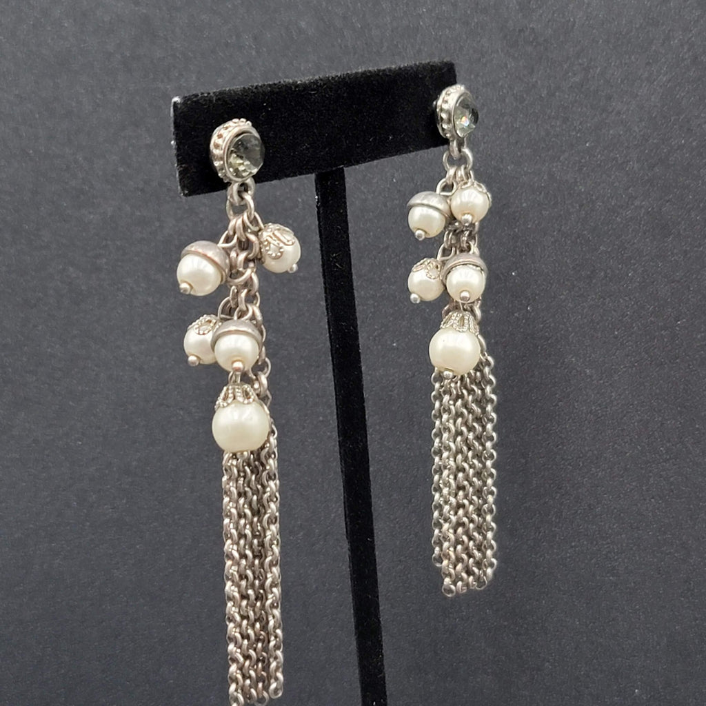 Pierced Earrings Long Multi Chain Faux Pearl Silver tone Dangle 3.25"