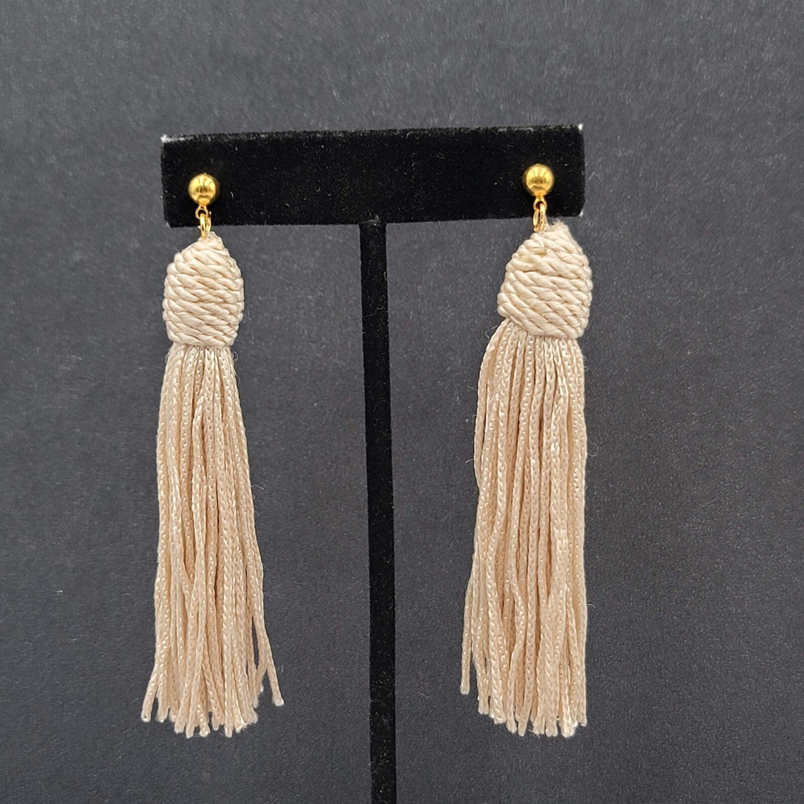 Pierced Earrings Gold tone Off White String Tassel Statement Dangle 3"