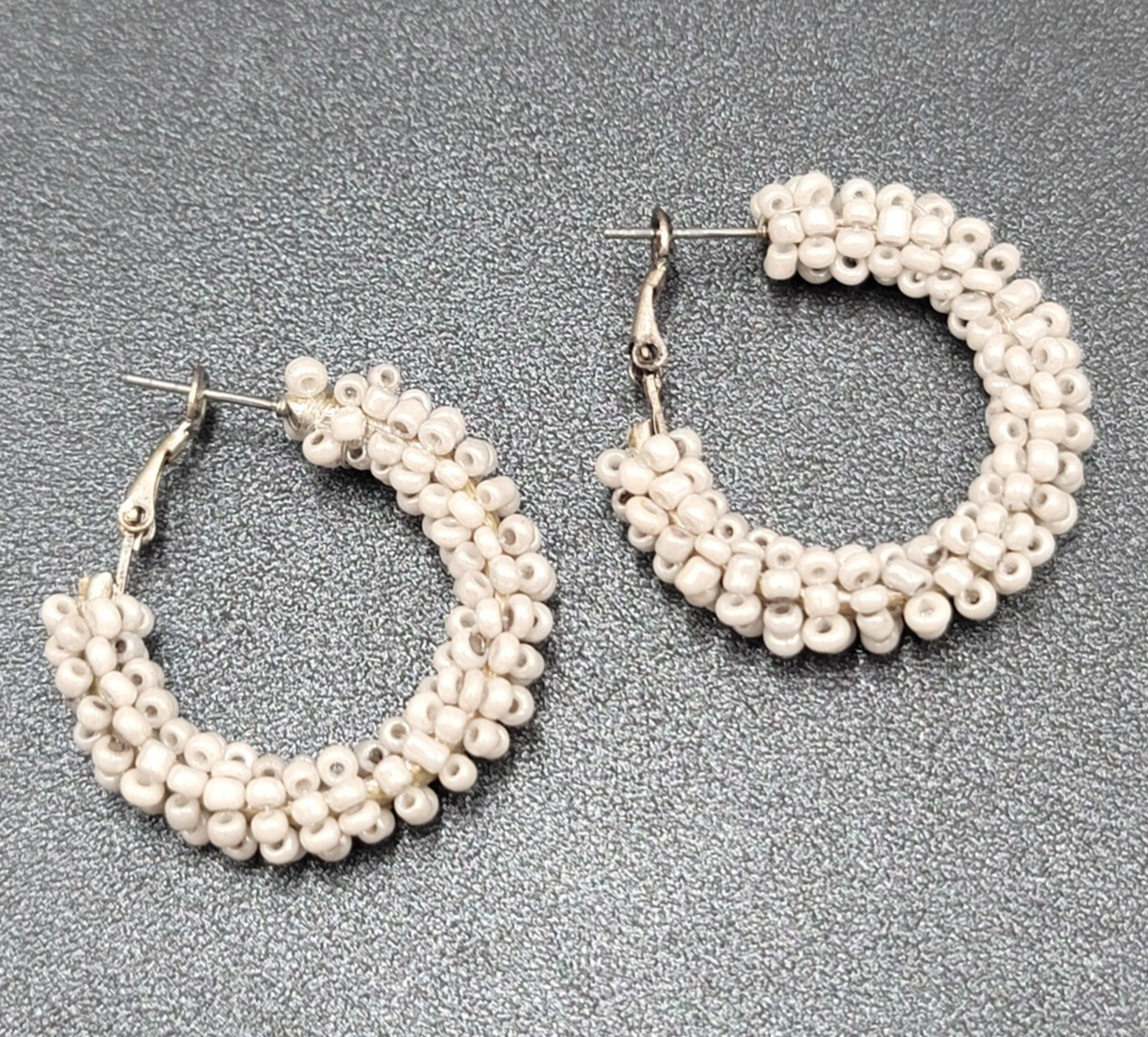Pierced Earrings Light Gray Seed Bead Covered Hoops 1.25"