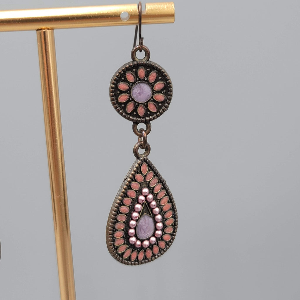 Enamel Teardrop Double Medallion Pierced Earrings Bronze tone Dangle 2 in