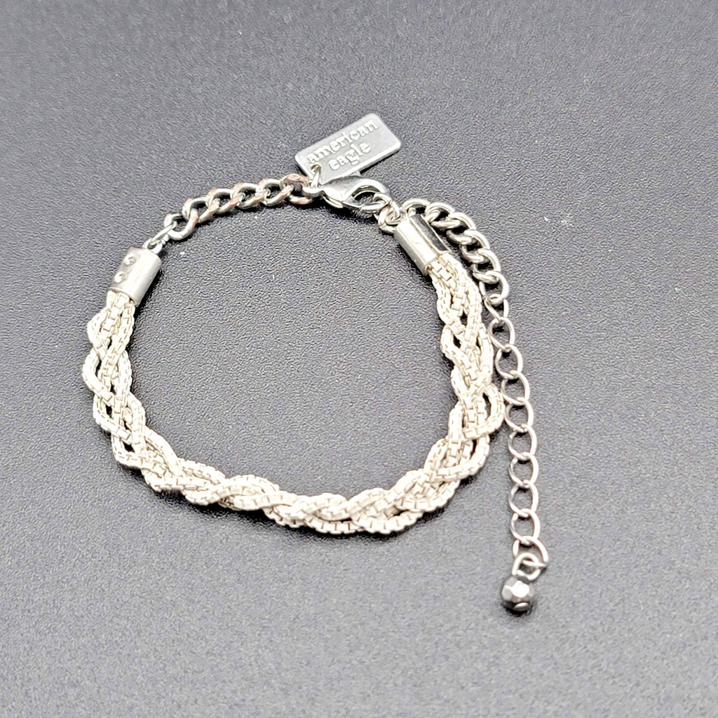 American Eagle Bracelet Braided White Enamel Chain Silver tone 