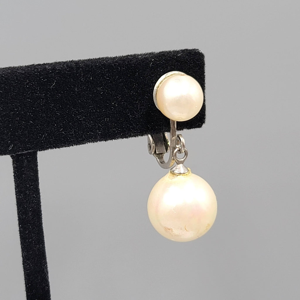 Vintage Clip on Earrings White Bead Dangle Silver tone Screw Back 1"