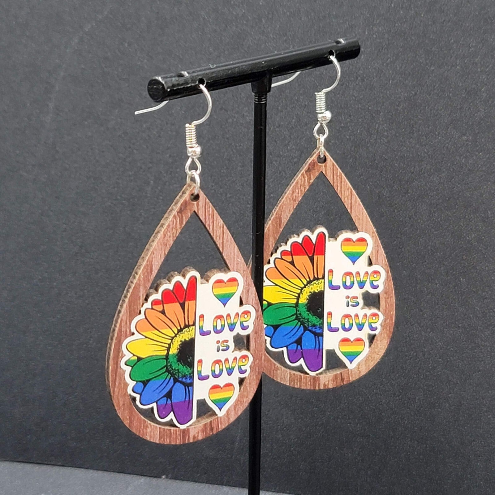 New PRIDE Love is Love Pierced Earrings Rainbow Wood Teardrop Dangle 2.25"