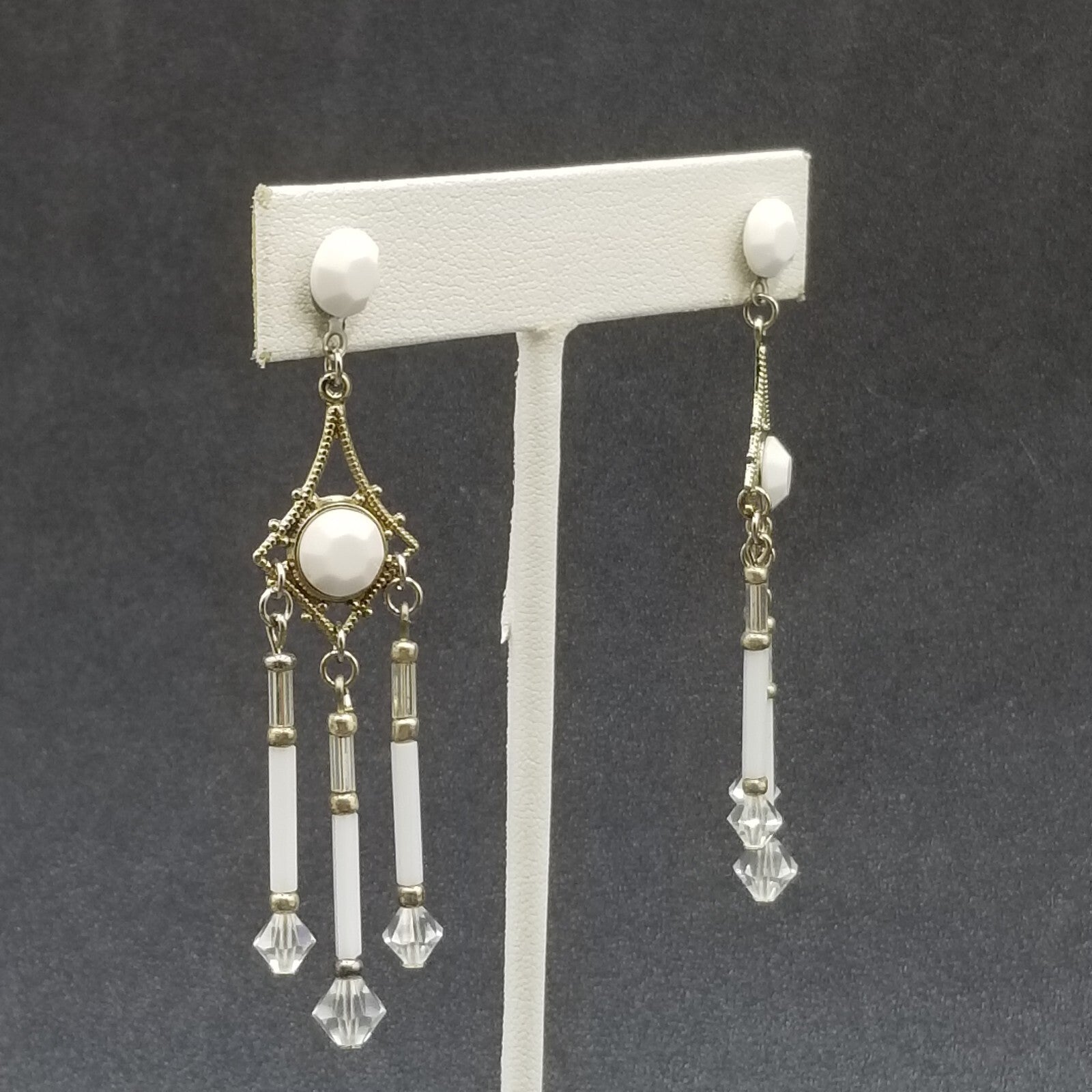 Pierced Earrings Silver tone Open Work Whited Faceted Crystal Dangle 2 1/2"