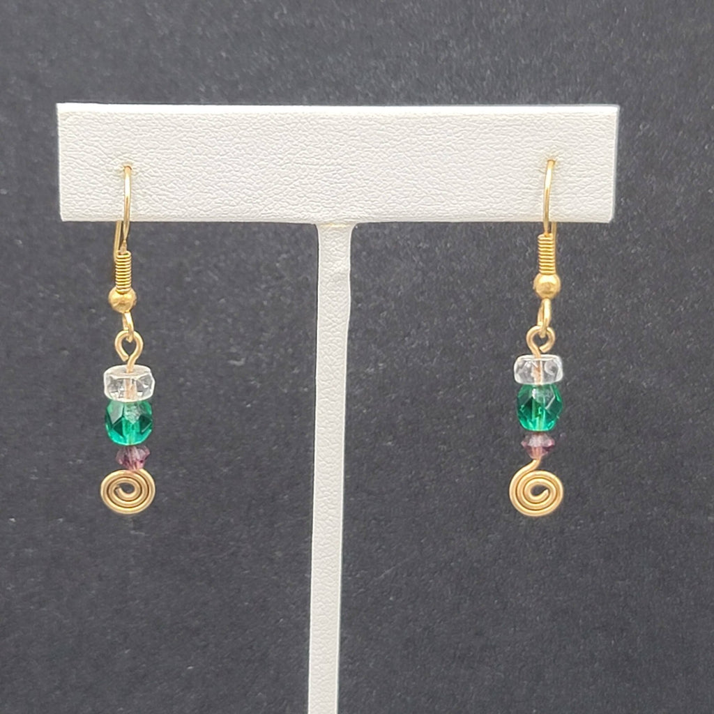 Pierced Earrings Gold tone Green Purple Clear Bead Dangle 1"