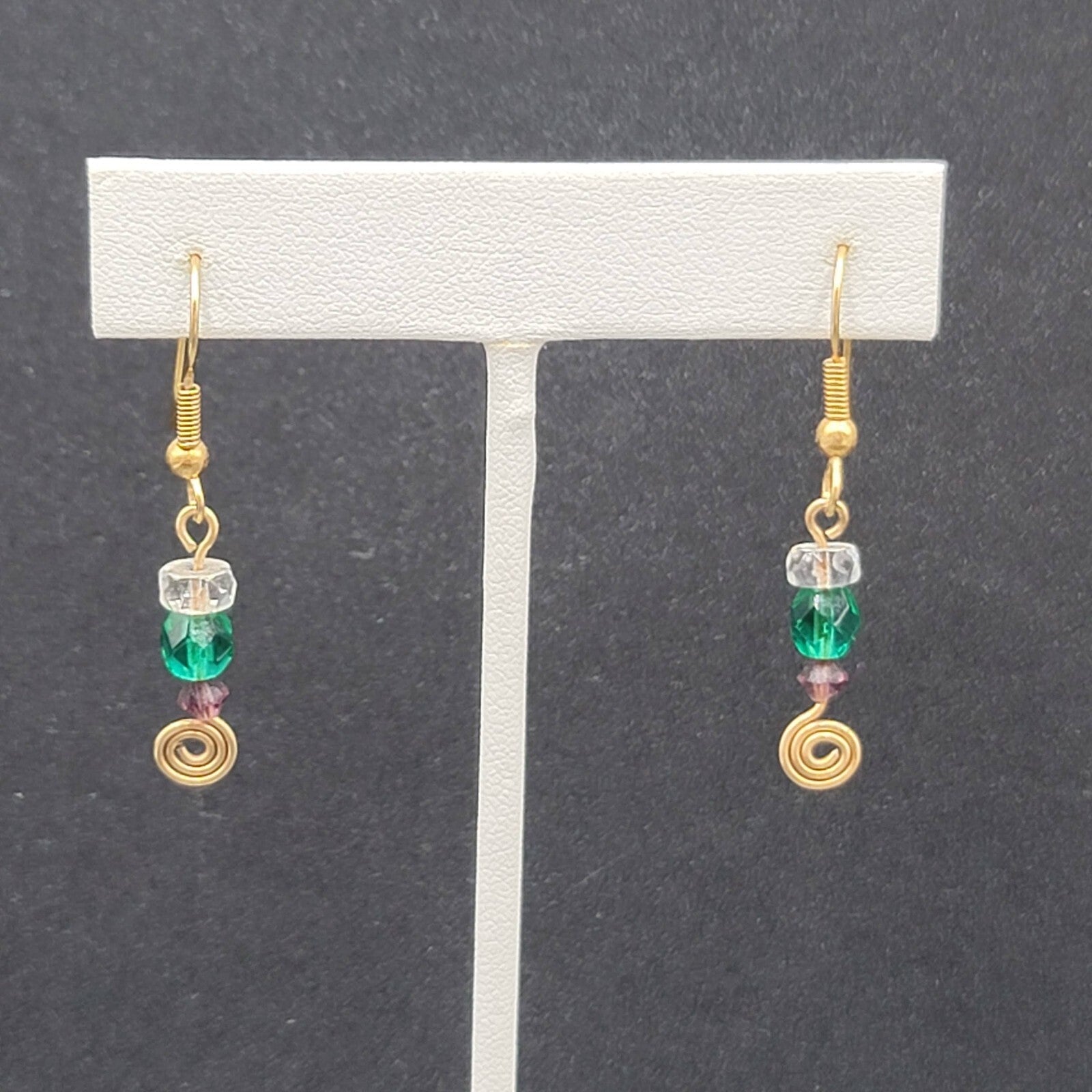Pierced Earrings Gold tone Green Purple Clear Bead Dangle 1"