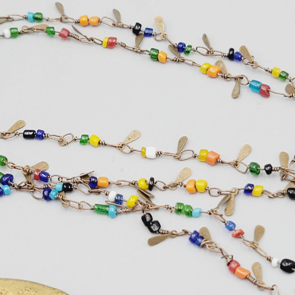 Artisan Multicolor Seed Beads Large Brass Pendant Necklace Long 42 in