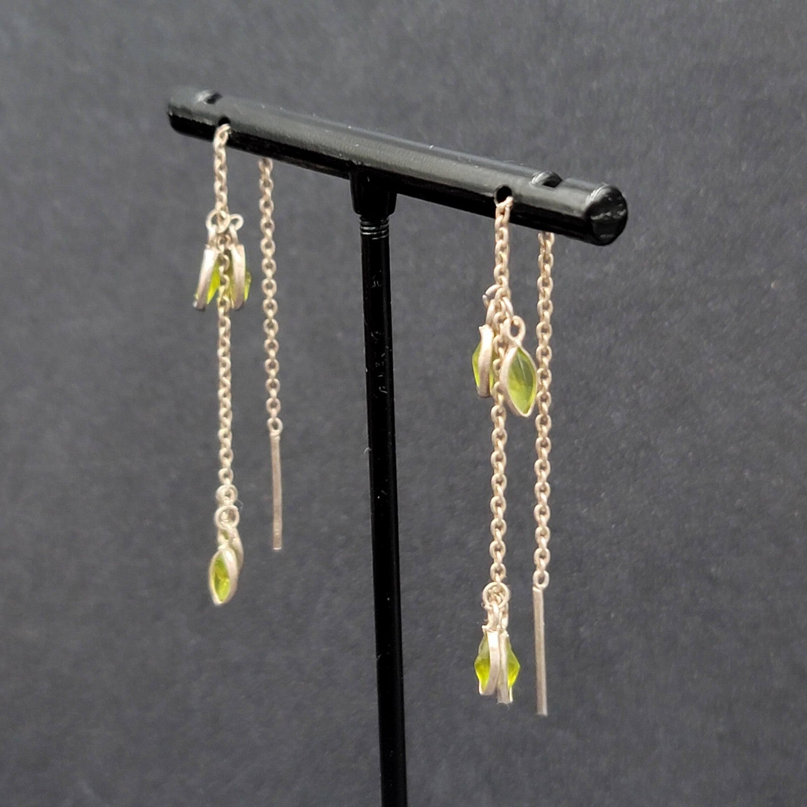 Pierced Earrings Silver tone Green Crystal Stone Threaders 4"