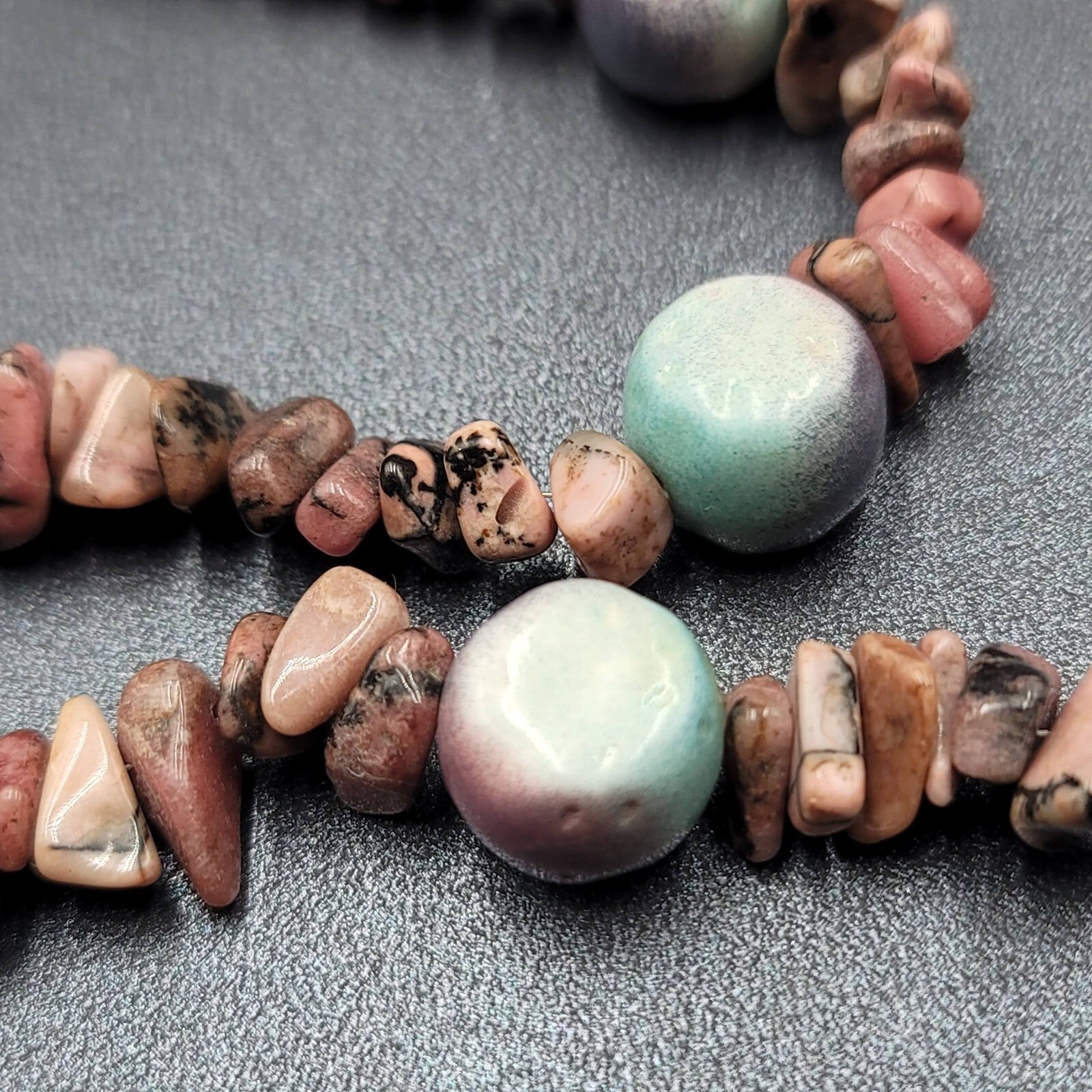 Pink Agate Stone and Pottery Art Bead Necklace 26" Barrel Clasp Artisan
