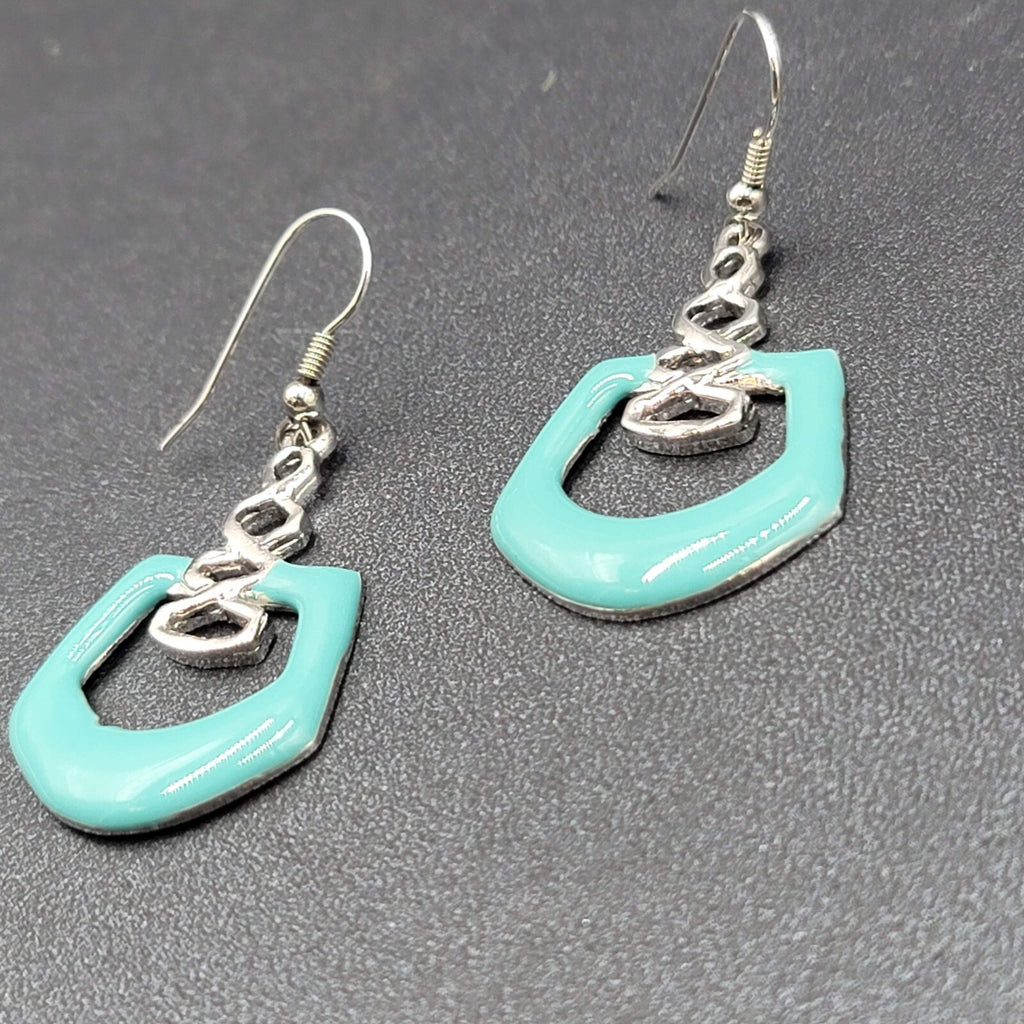 Pierced Earrings Silver Plated Blue Enamel Geometric Dangle 1.5"