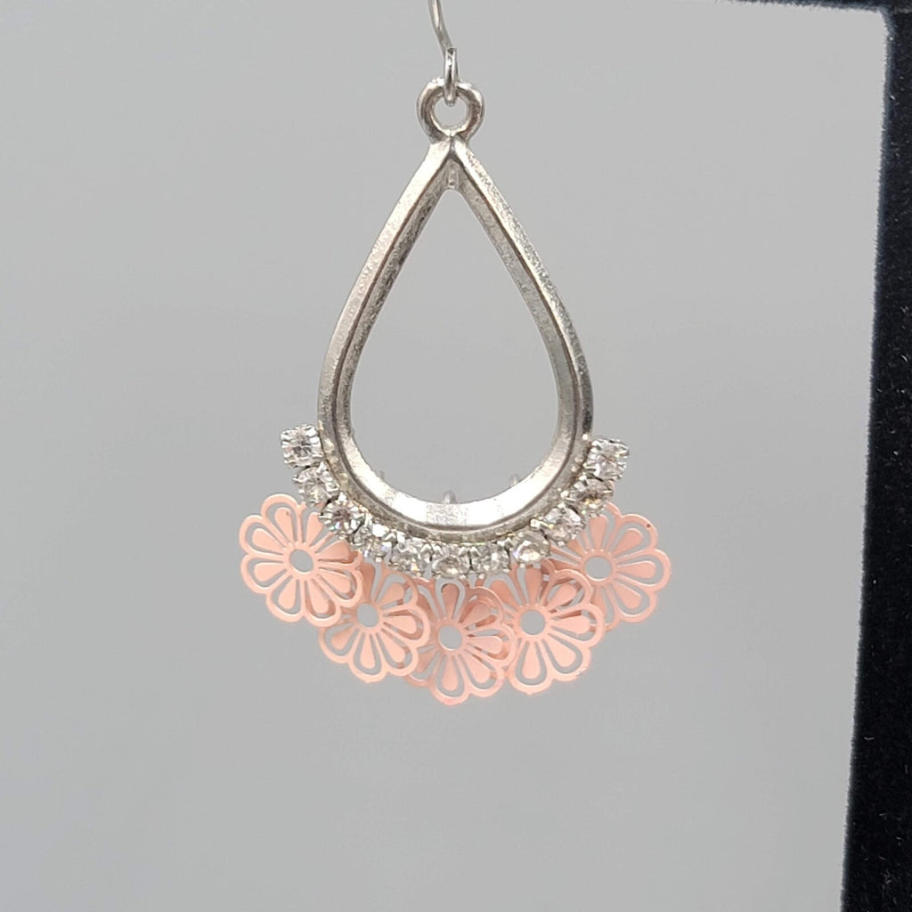 Pink Flowers Pierced Earrings Silver tone Teardrop Rhinestone Dangle 1 3/8"