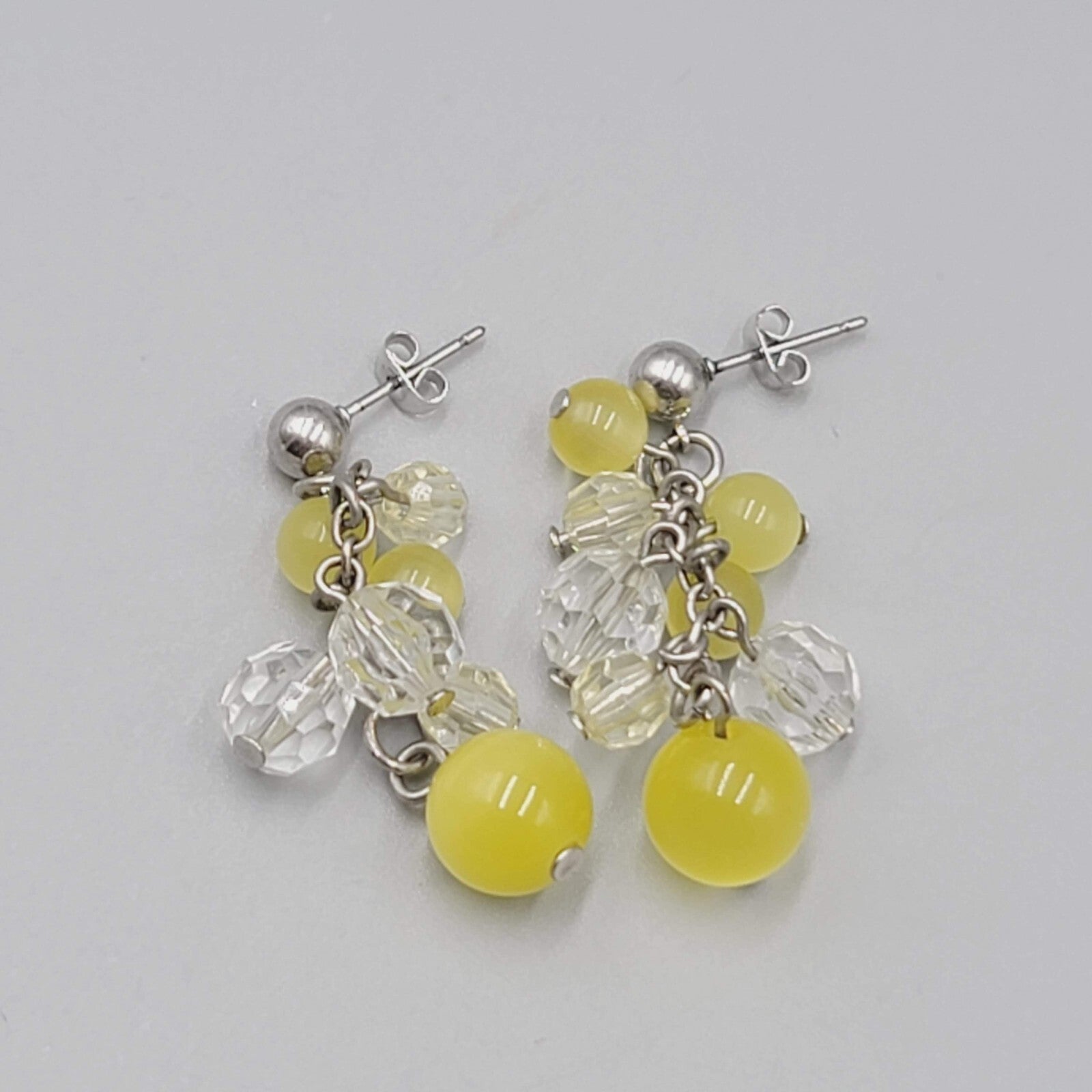 Pierced Earrings Silver tone Yellow Glass Bead Dangle 1.75"
