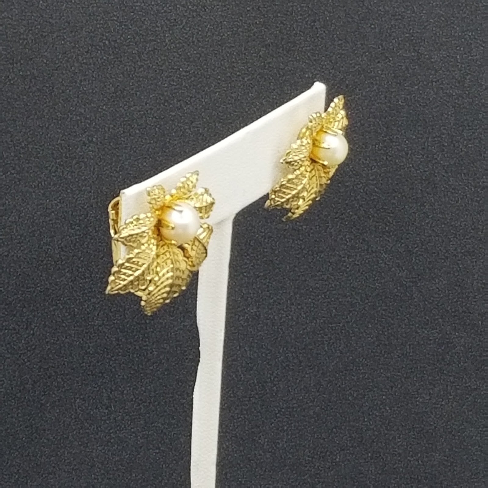 Vintage Clip On Earrings Gold tone Leaf with Faux Pearl Drop 1"