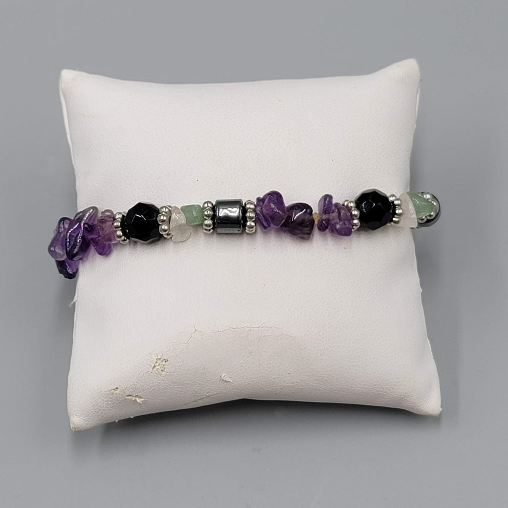 Amethyst Multi Gemstone Elastic Bracelet Purple Black Silver tone