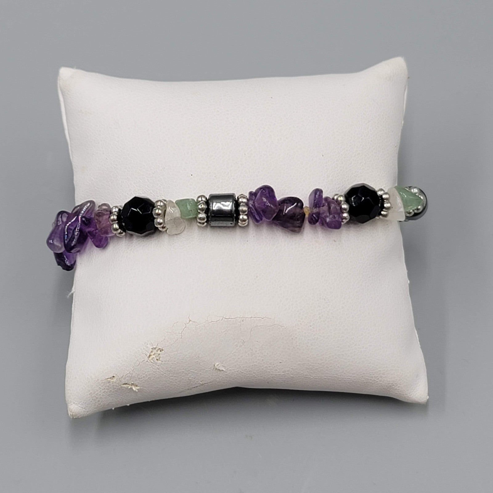 Amethyst Multi Gemstone Elastic Bracelet Purple Black Silver tone