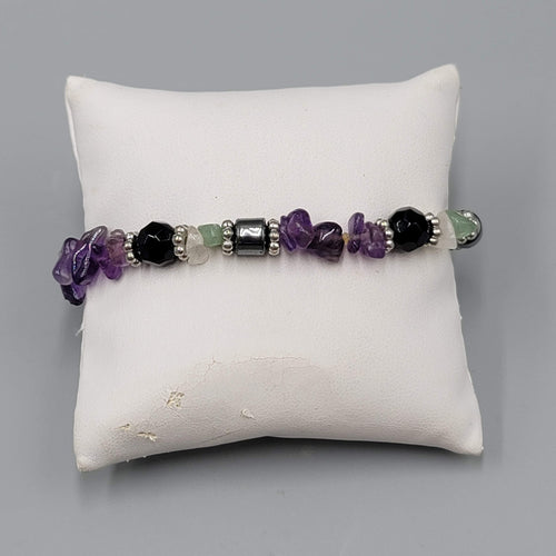 Amethyst Multi Gemstone Elastic Bracelet Purple Black Silver tone