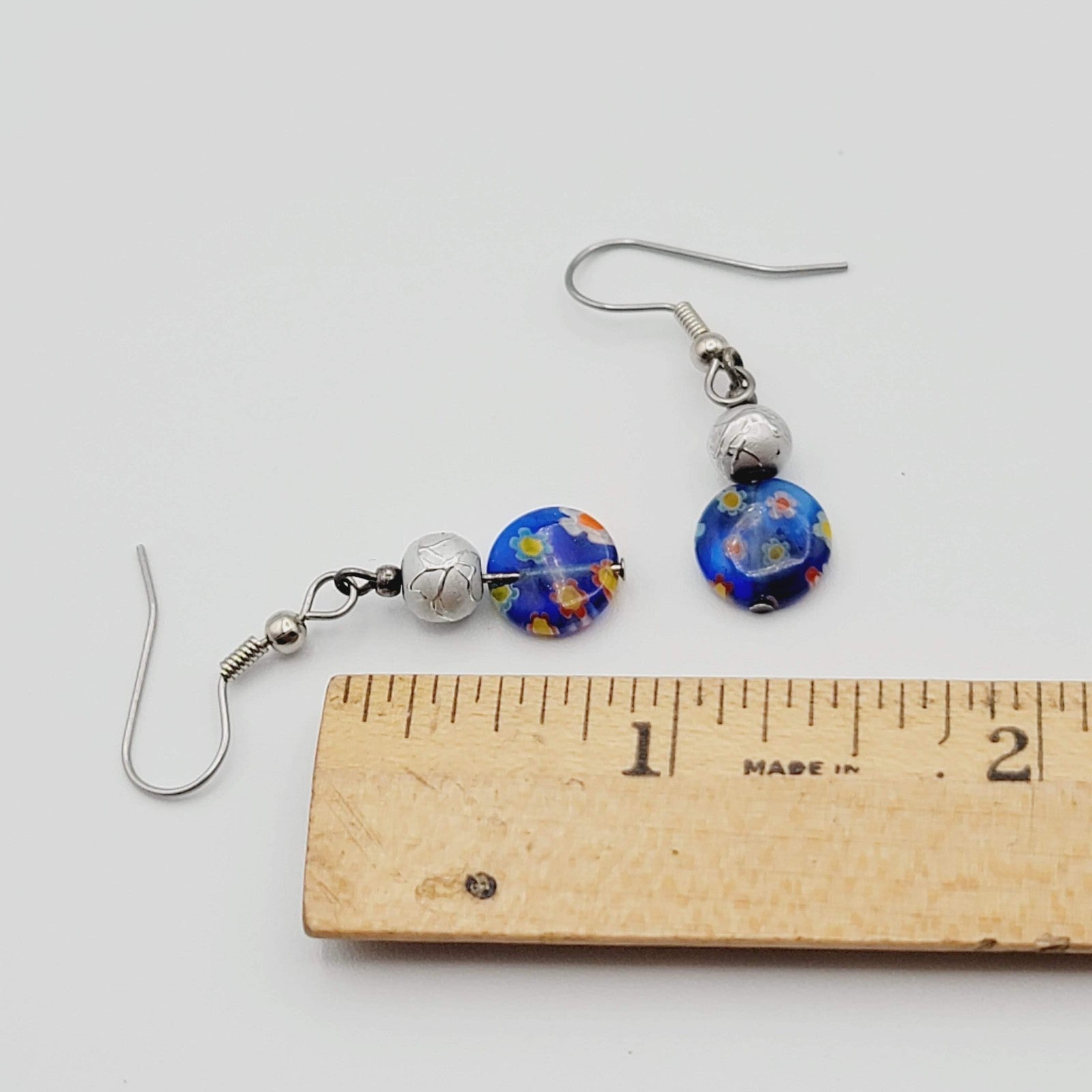 Blue Millifiori Bead Pierced Earrings Silver tone Dangle 3/4 in