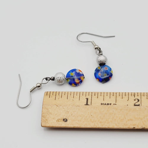 Blue Millifiori Bead Pierced Earrings Silver tone Dangle 3/4 in