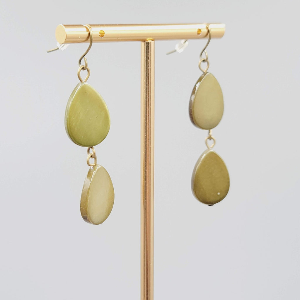Teardrop Dangle Pierced Earrings Green Dyed Shell Bronze tone 1.75"