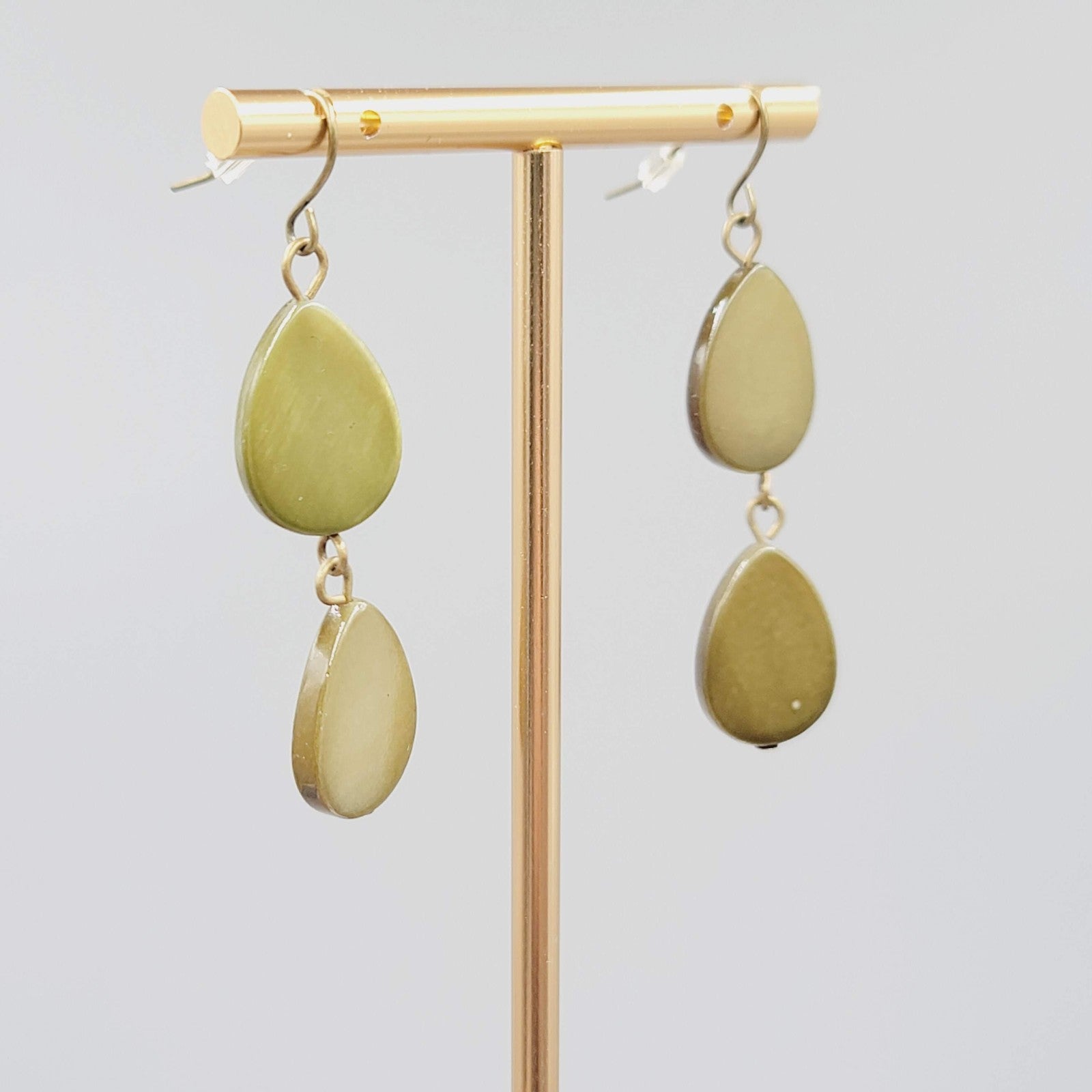 Teardrop Dangle Pierced Earrings Green Dyed Shell Bronze tone 1.75"