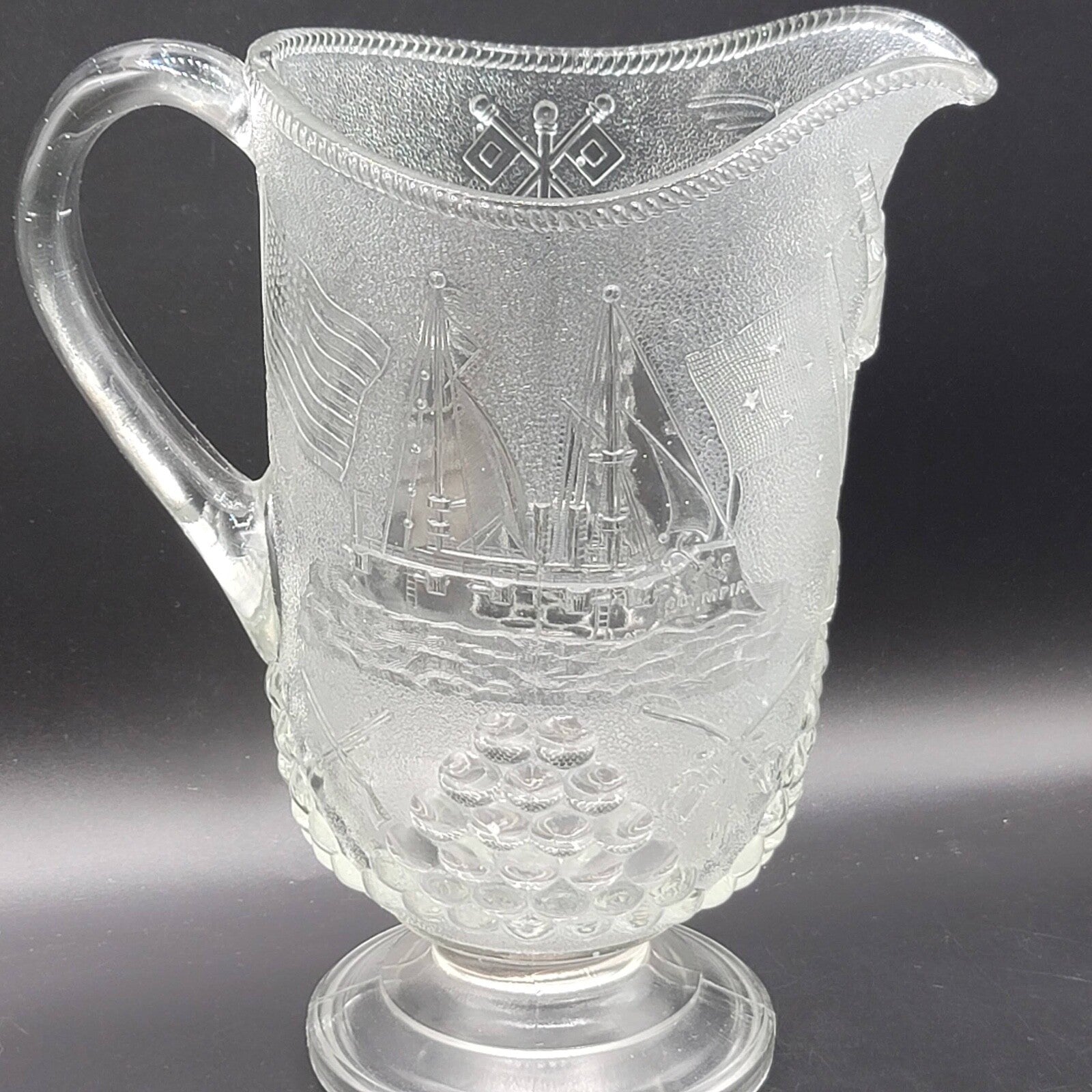 Vintage ANCHOR HOCKING PITCHER ADMIRAL DEWEY Olympia Eagle Canon Flags Guns