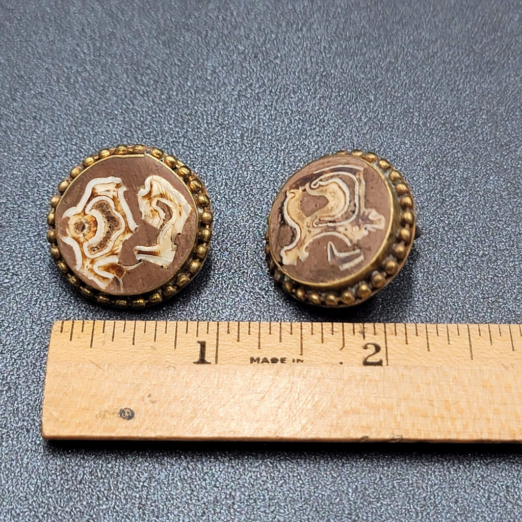 Vintage Clip on Earrings Brass Wood Stone Inlay Unique Discs  1"