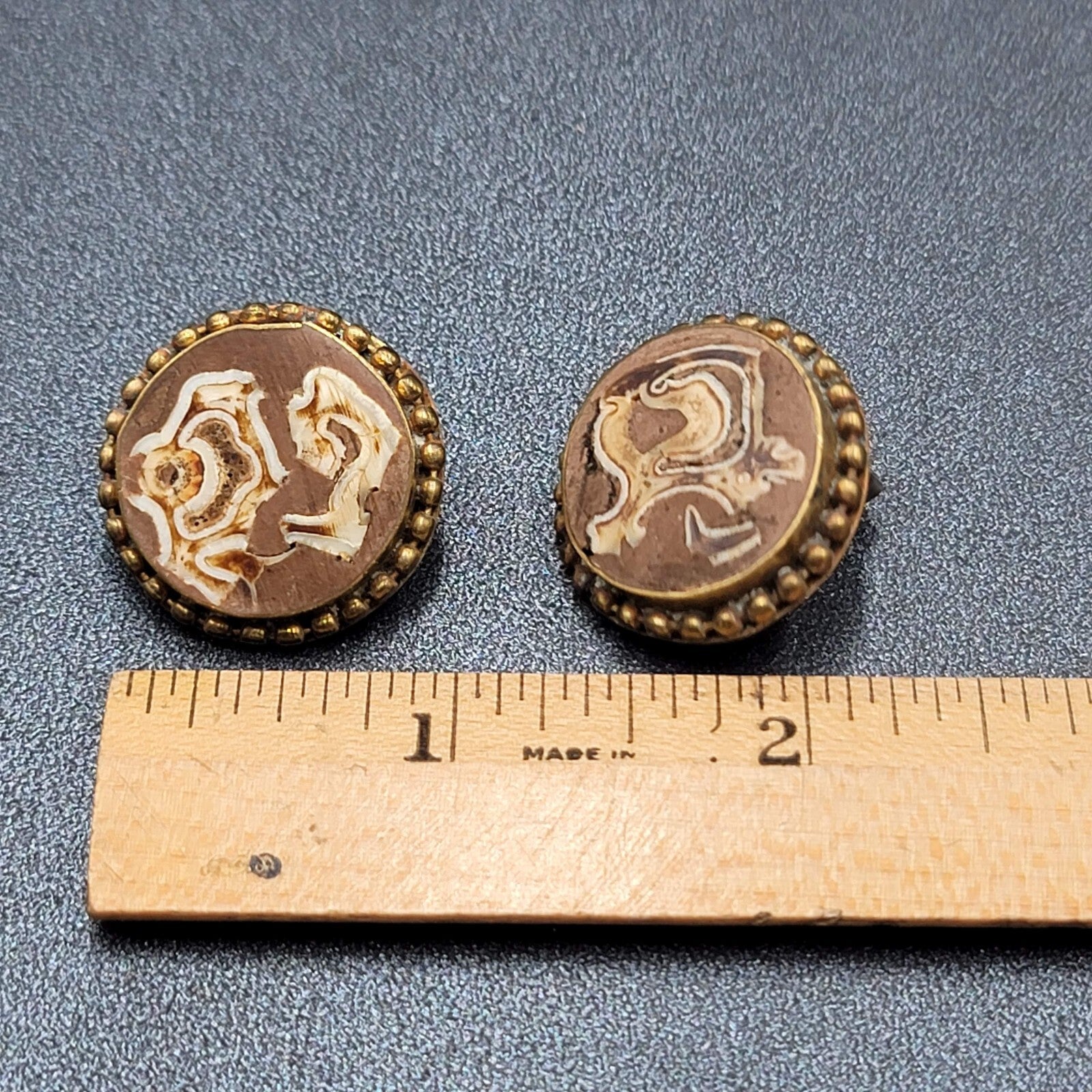 Vintage Clip on Earrings Brass Wood Stone Inlay Unique Discs  1"