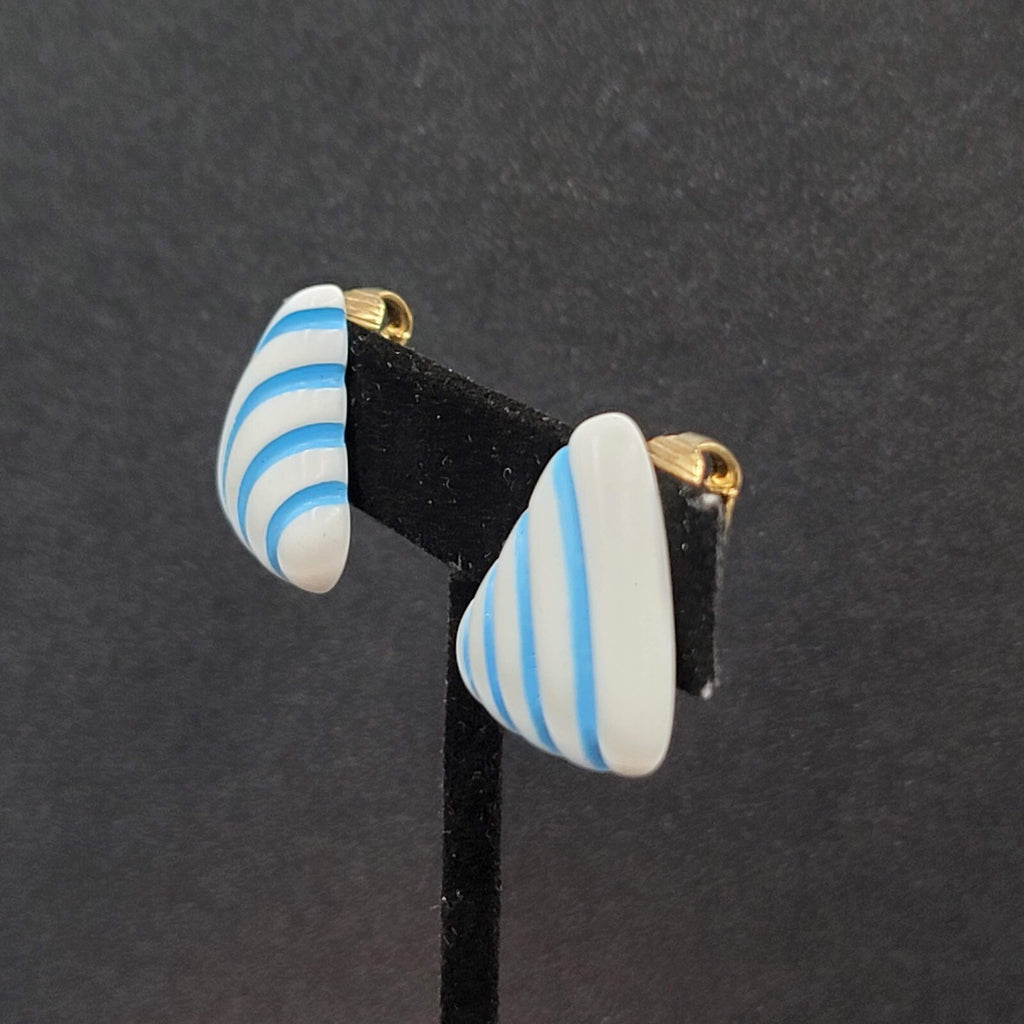 Vintage Clip on Earrings White Blue Stripes Acrylic Triangle 7/8"