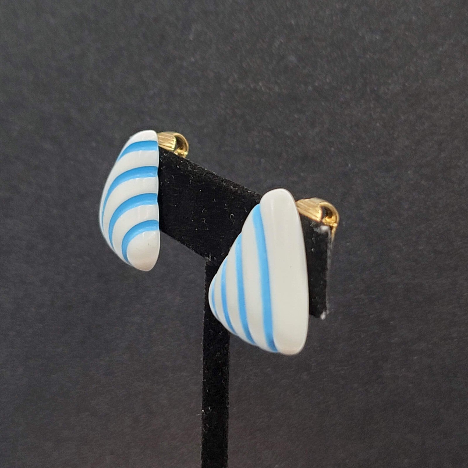Vintage Clip on Earrings White Blue Stripes Acrylic Triangle 7/8"