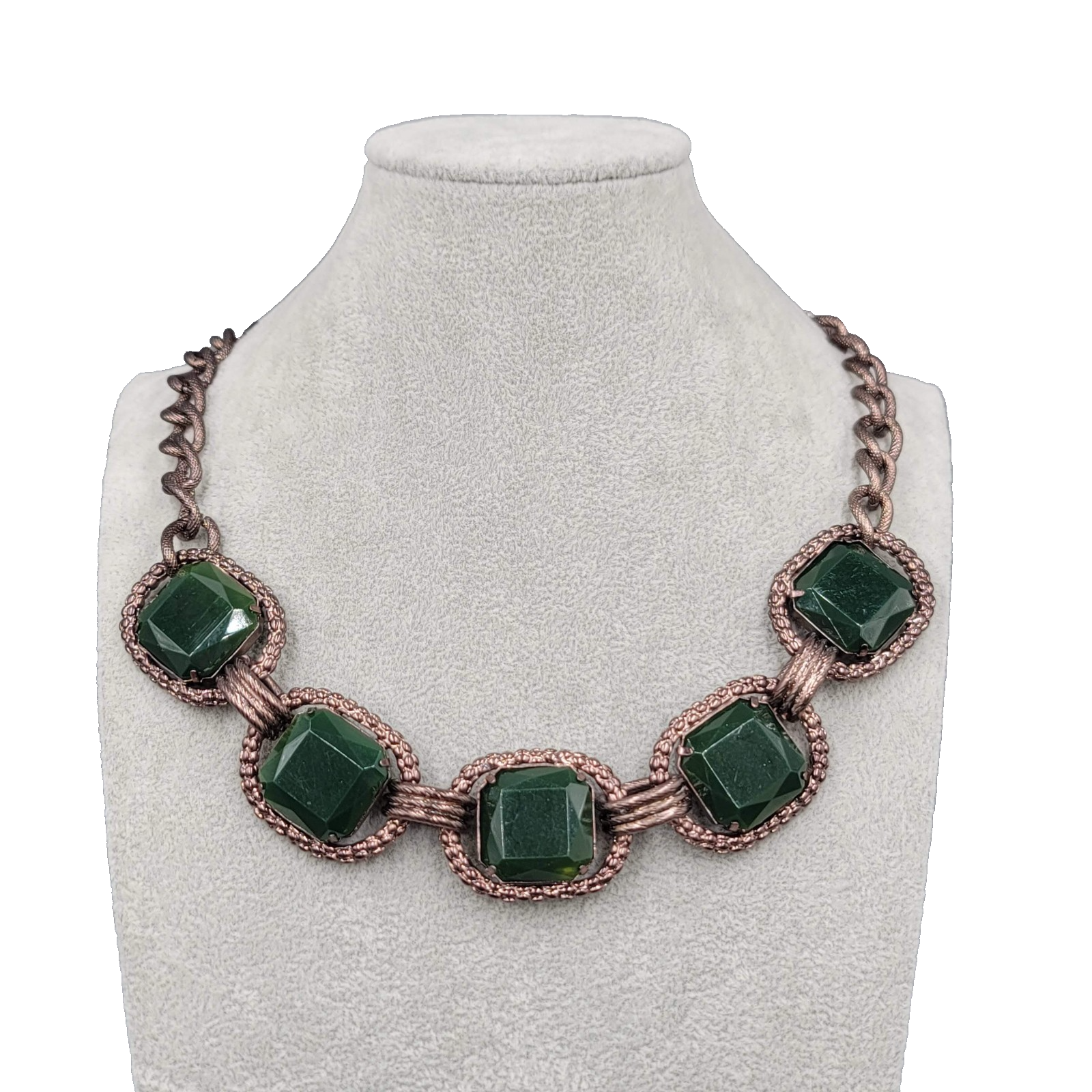 Talbots Necklace Large Statement Dark Bronze tone Green Accents 18 in Toggle