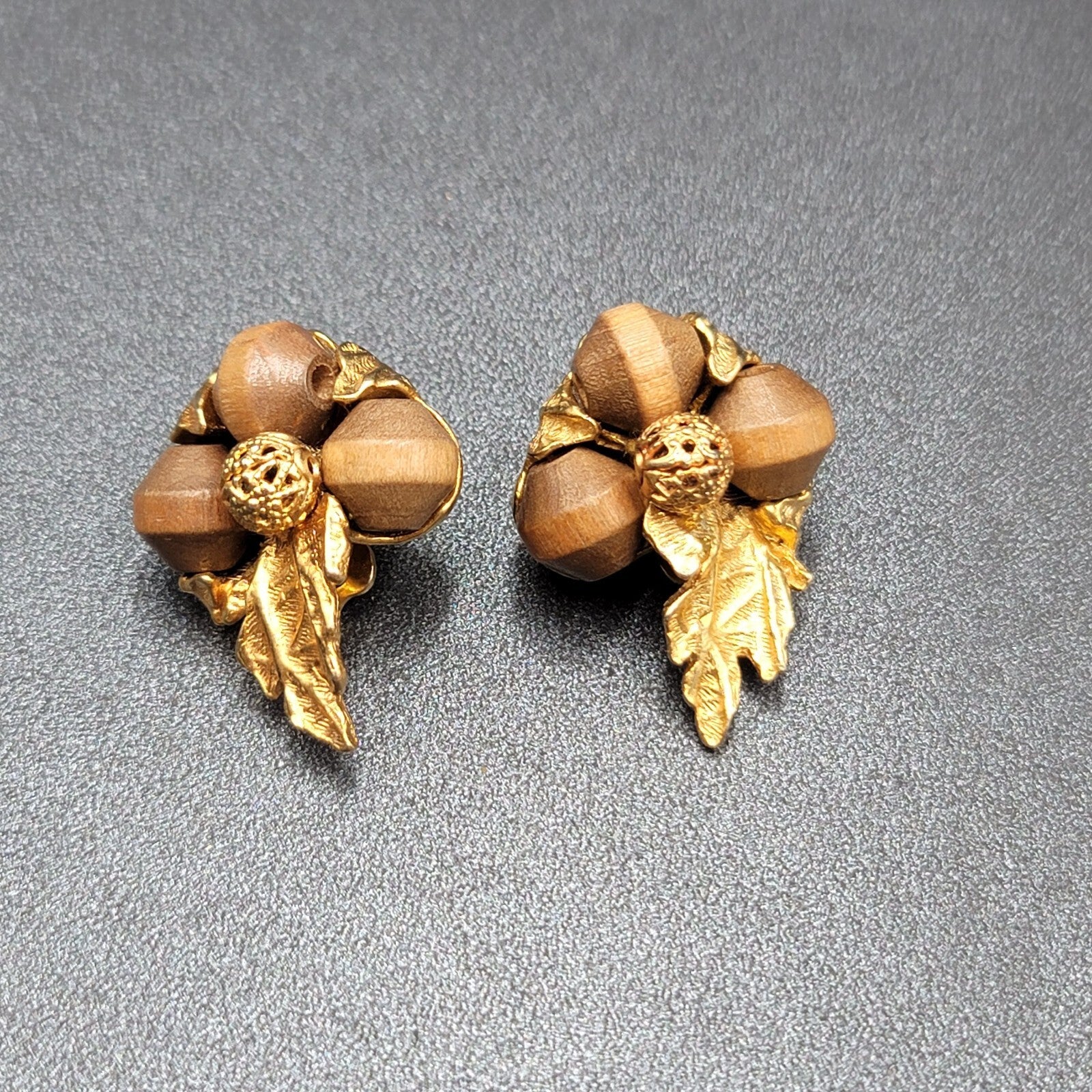 Vintage ART Clip on Earrings Gold Plated Wood Beads Leaf Design Climber 1.25"