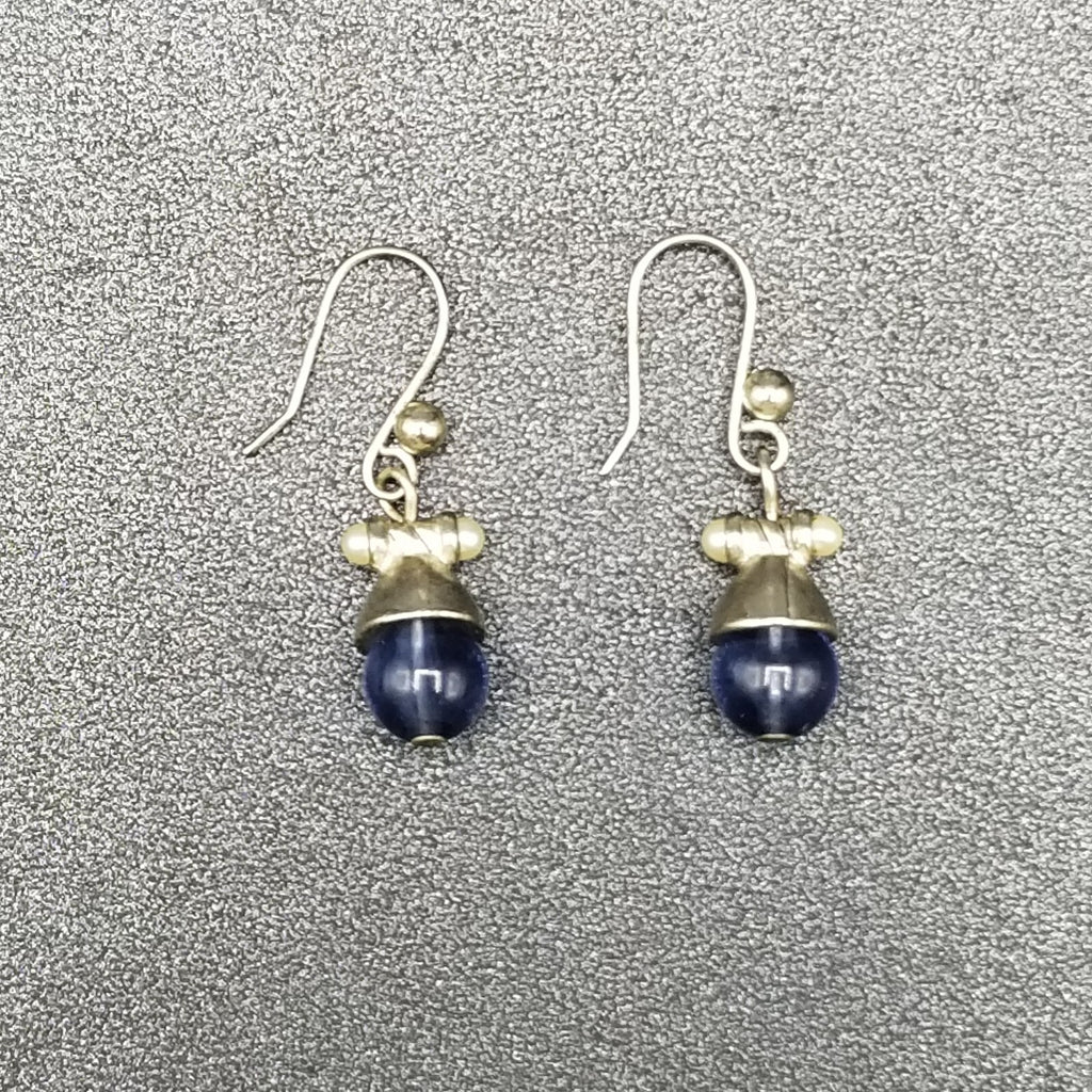 Pierced Earrings Silver tone Blue Crystal Bea Faux Pearl Dangle 1/2"