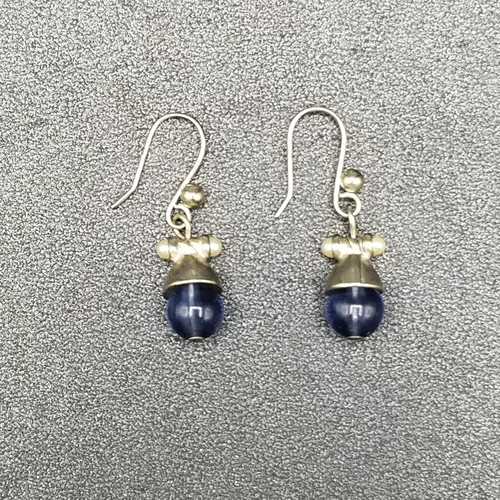 Pierced Earrings Silver tone Blue Crystal Bea Faux Pearl Dangle 1/2"