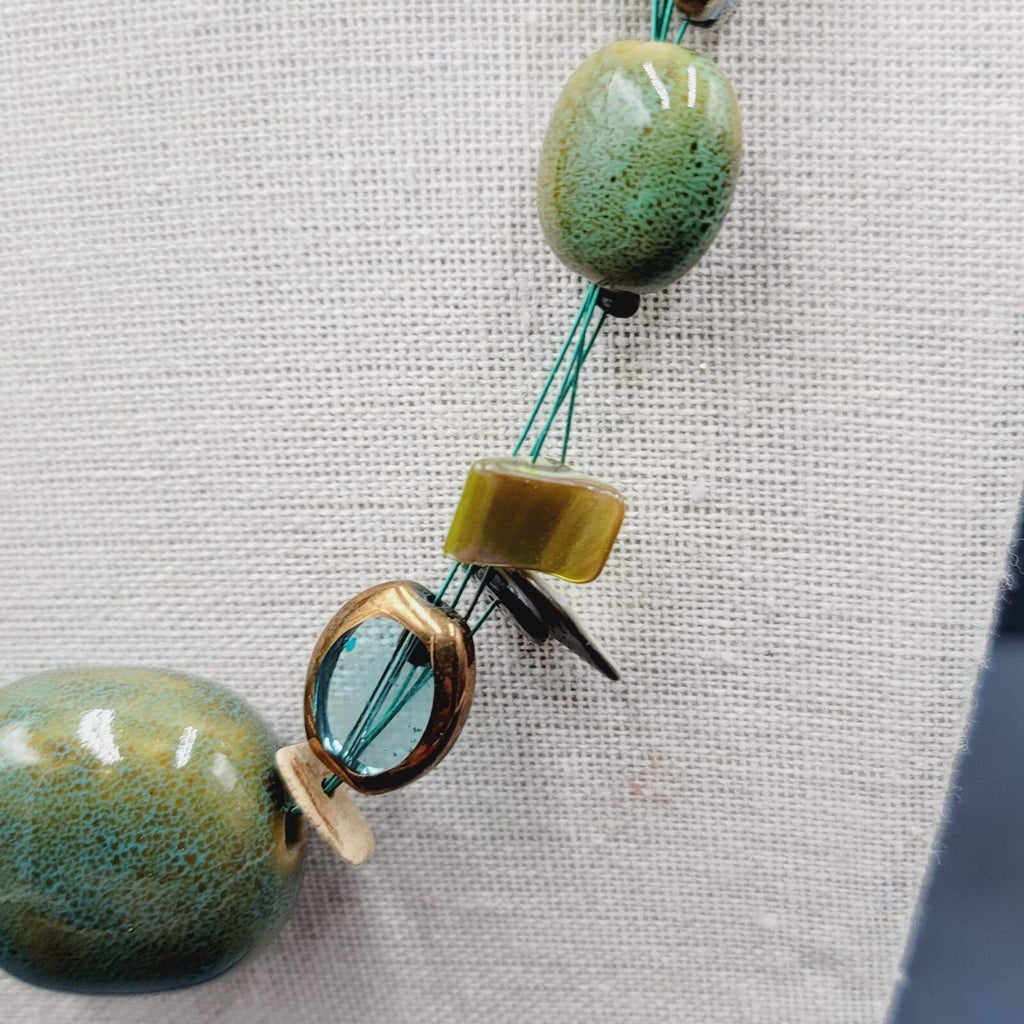 Premier Designs Necklace Green Pottery Beads Blue Thread 18"-21"