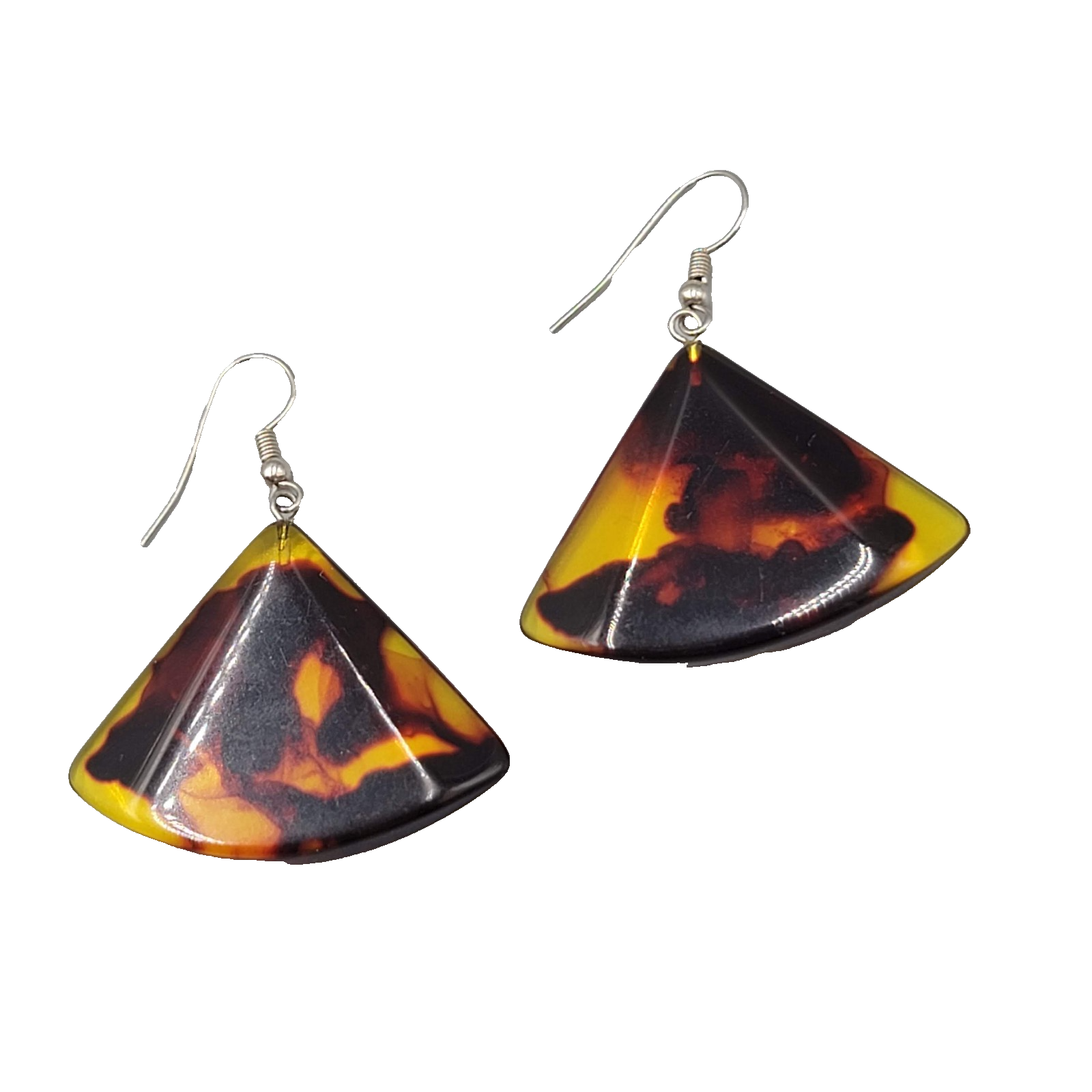 Acrylic Tortoise Statement Pierced Earrings Silver tone Dangle Triangles 1.25 in