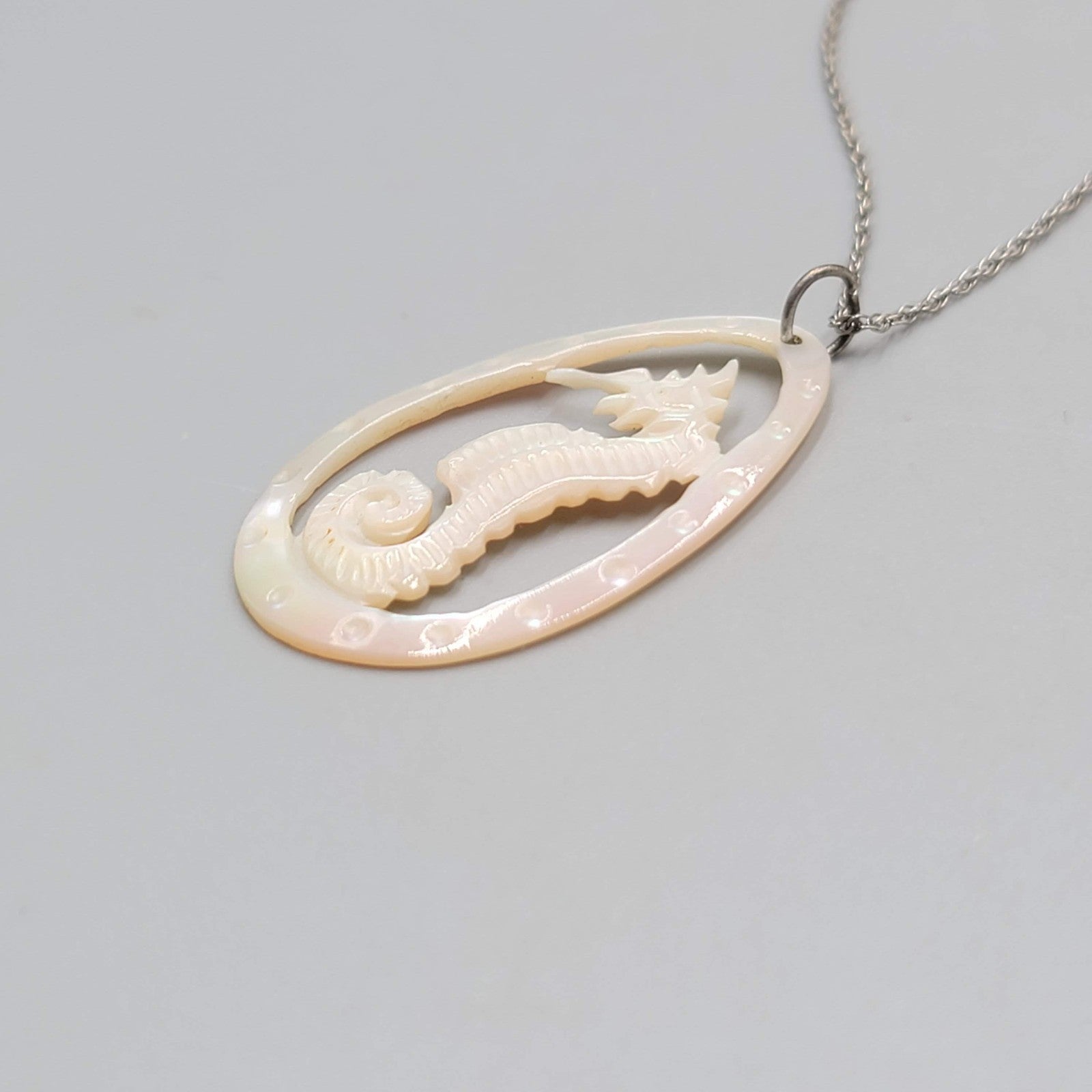 Vintage Seahorse Sterling Silver Necklace Hand Carved Mother of Pearl Pendant 18