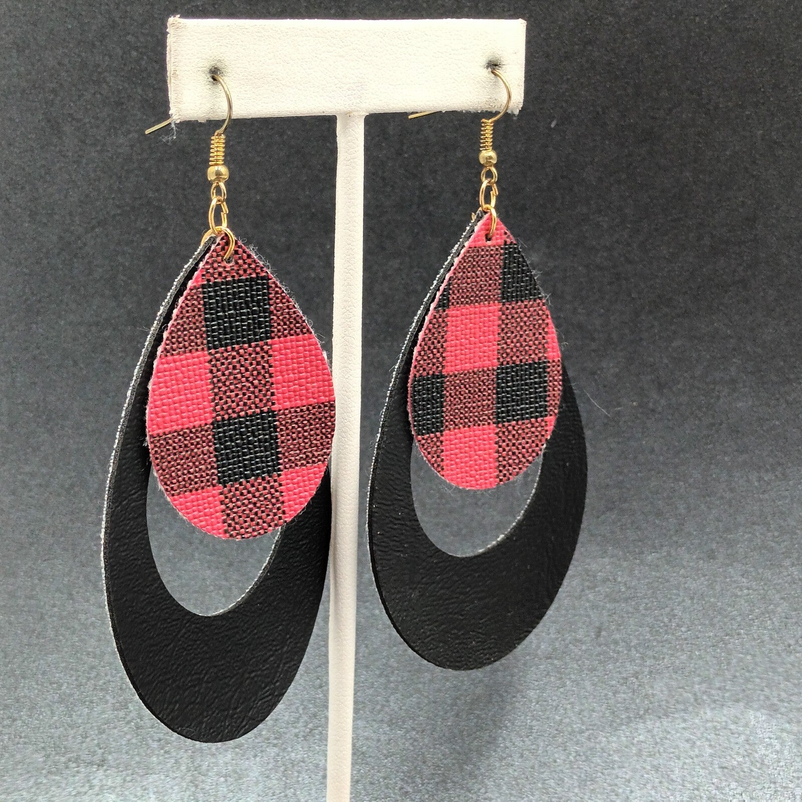 Pierced Earrings Red Black Plaid Faux Leather Teardrop Dangle 3 1/8"