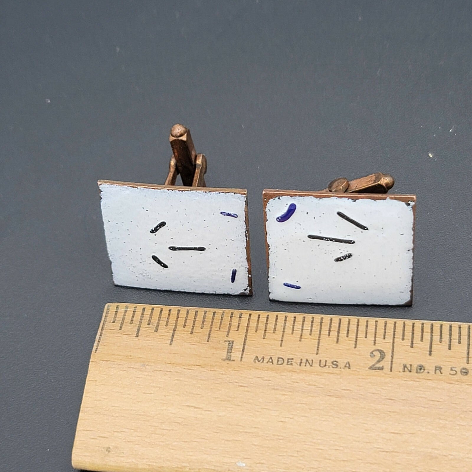 Vintage Copper Enamel Mid Century Cufflinks Modernist Abstract 1" White