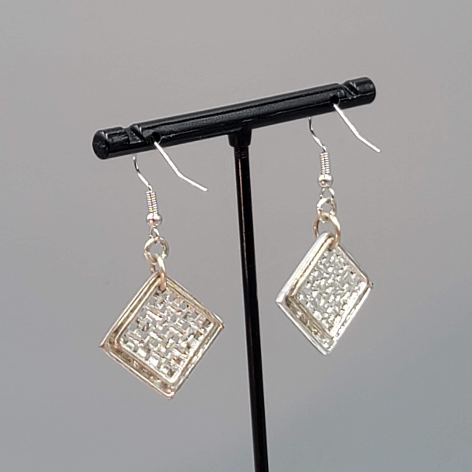 Dangle Square Pierced Earrings Woven Texture Silver tone 1"