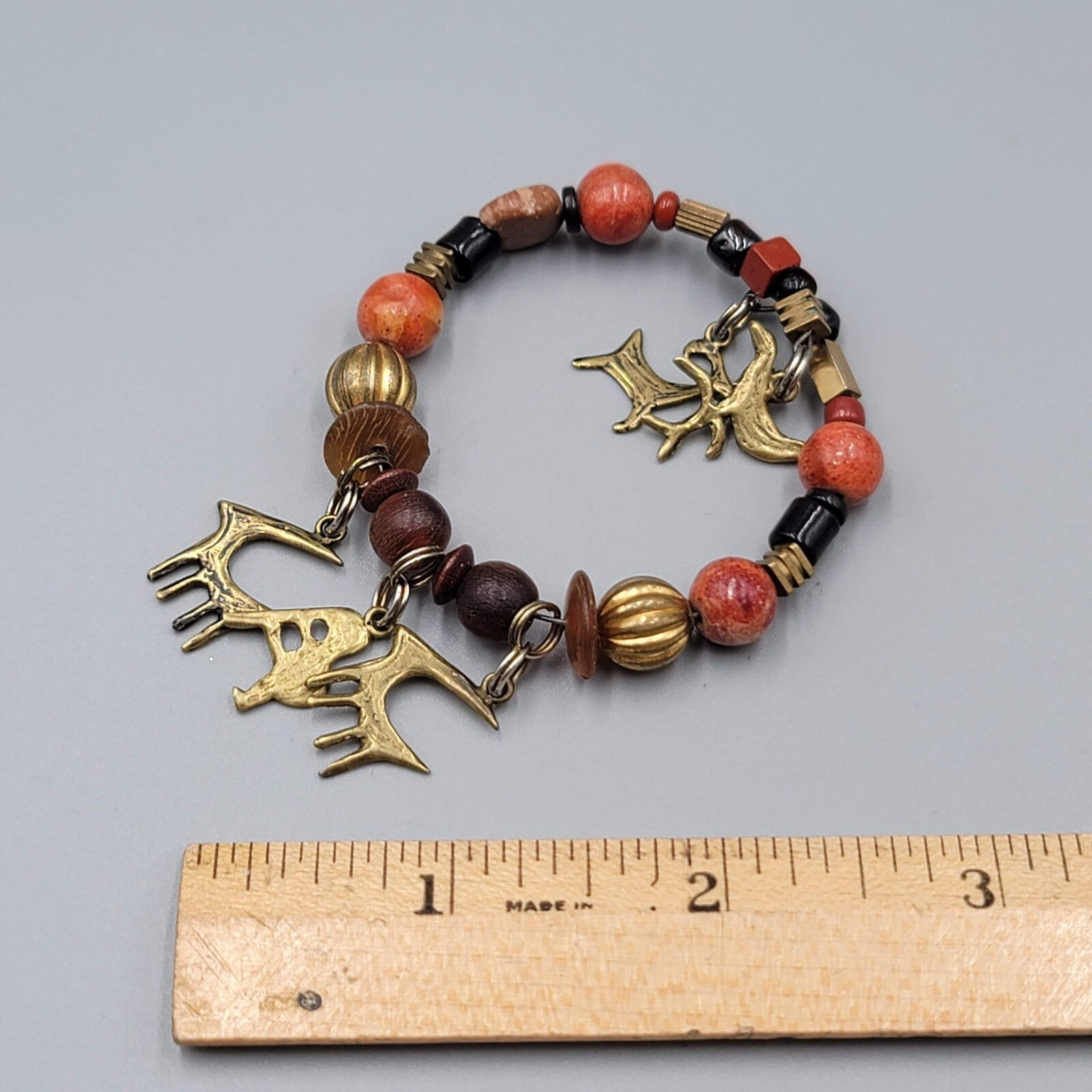 Stone Brass Animal Charm Bracelet Memory Wire Brown Orange