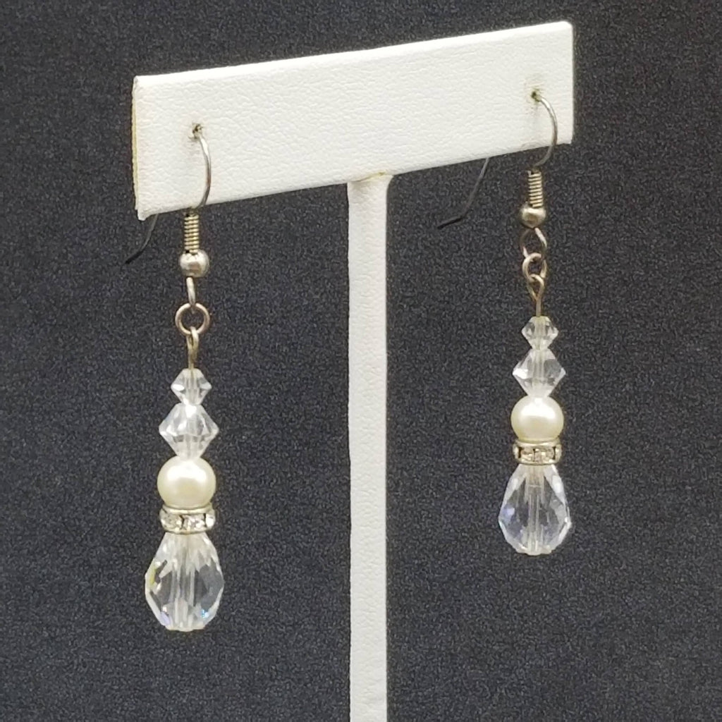 Pierced Earrings Silver tone Faux Pearl Faceted Crystal Bead Dangle 1 1/4"