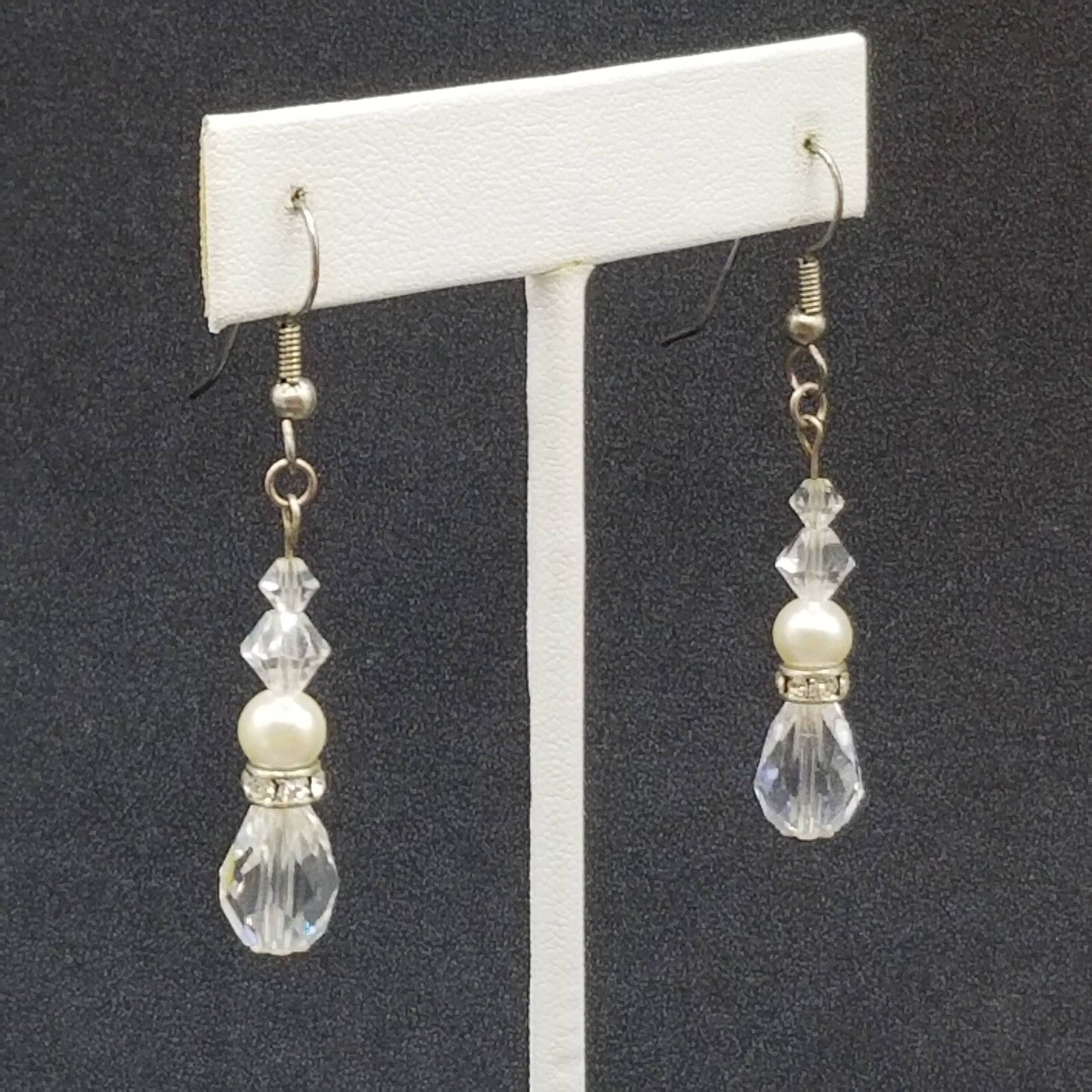 Pierced Earrings Silver tone Faux Pearl Faceted Crystal Bead Dangle 1 1/4"