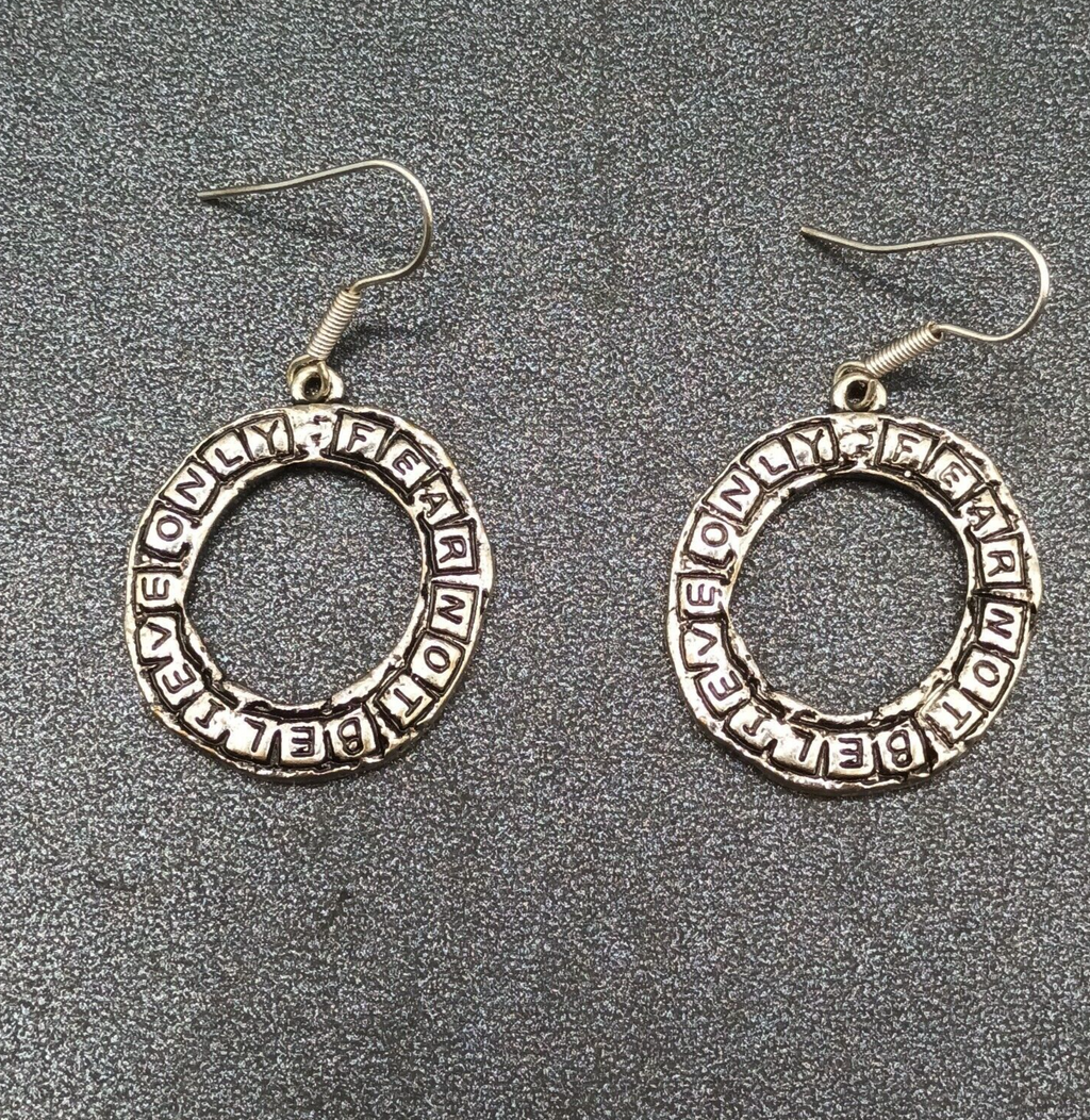 Pierced Earrings Silver tone Inspirational "Believe Only Fear Not" Dangle 1"