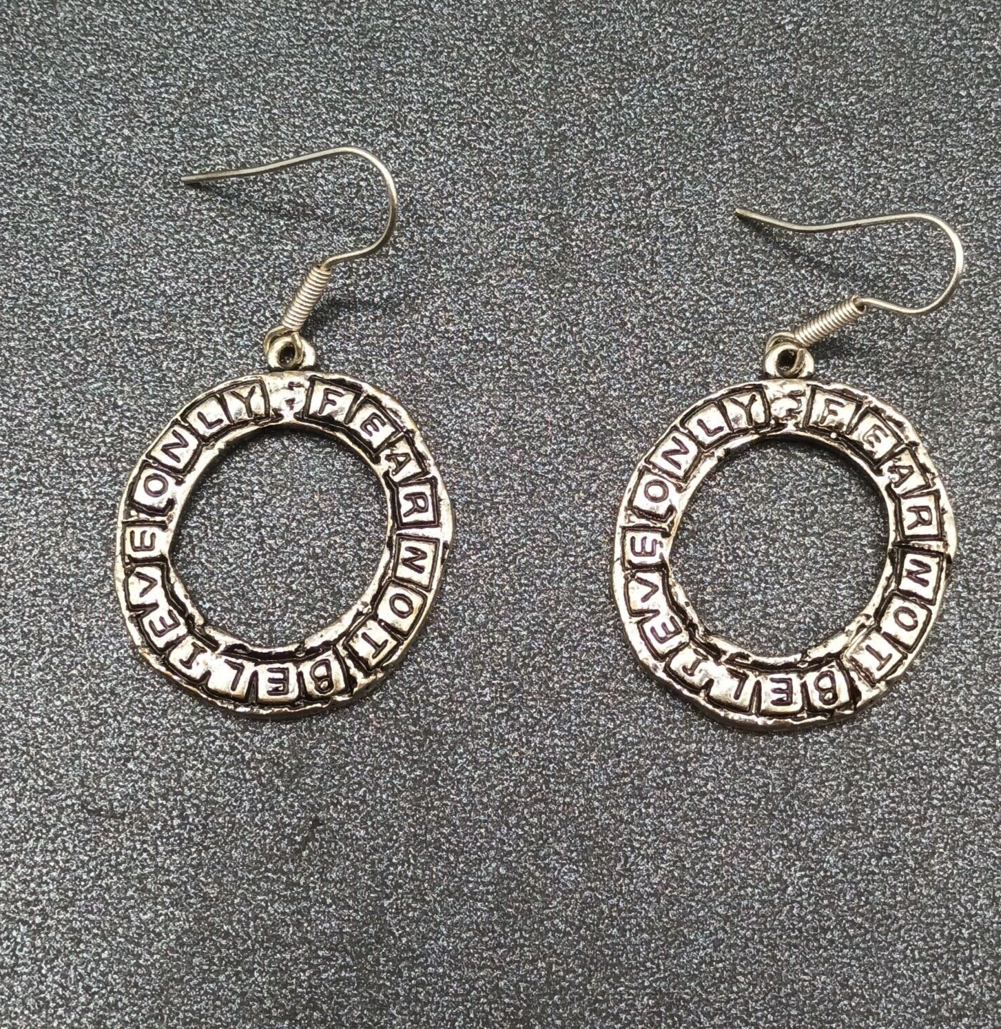 Pierced Earrings Silver tone Inspirational "Believe Only Fear Not" Dangle 1"