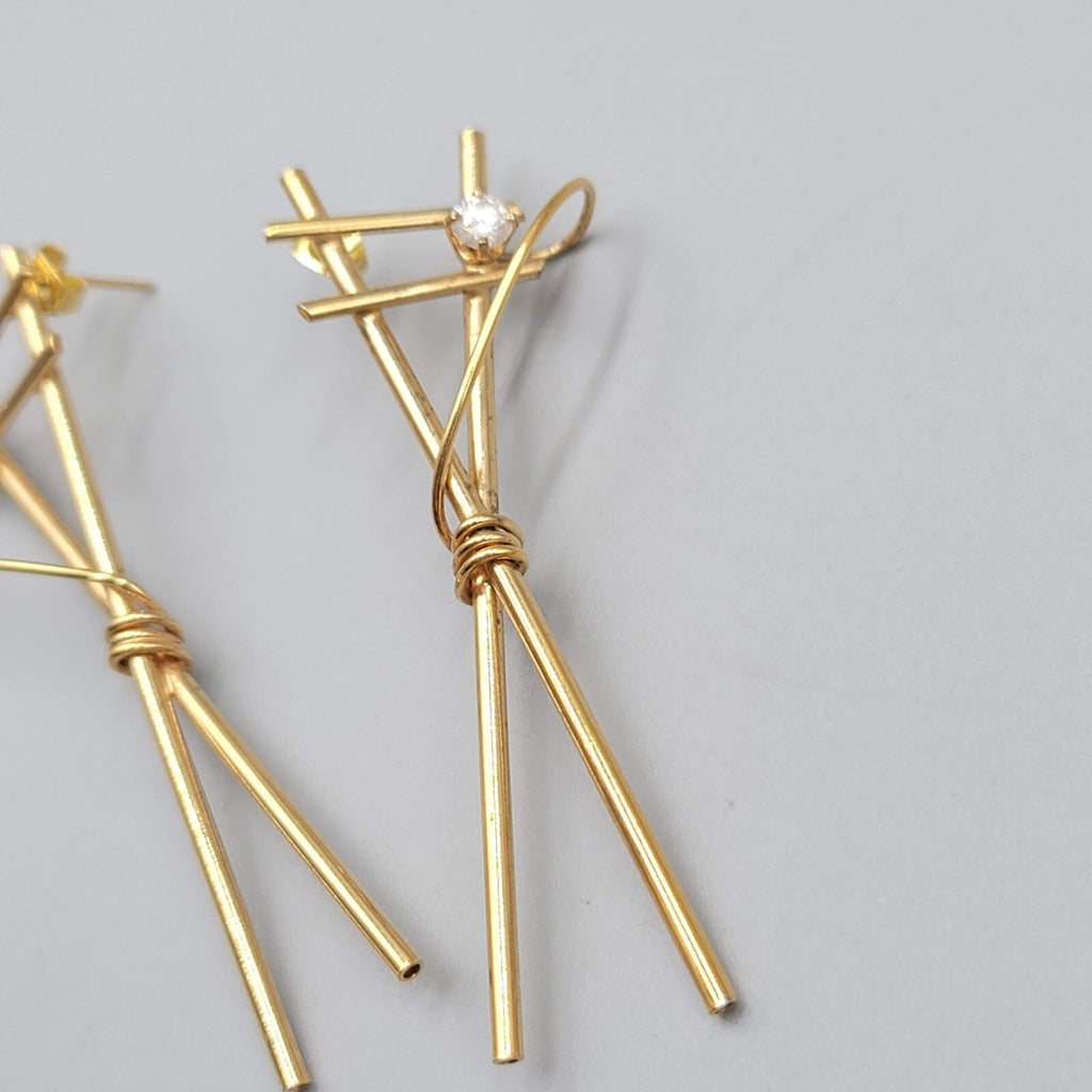 Vintage Pierced Earrings Gold tone Drop CZ Stone Unique 2 3/8"