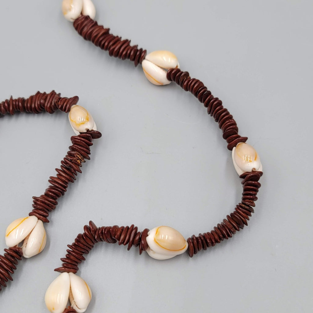 Vintage Apple Seed and Cowrie Shell Bead Necklace Long Handmade 37"