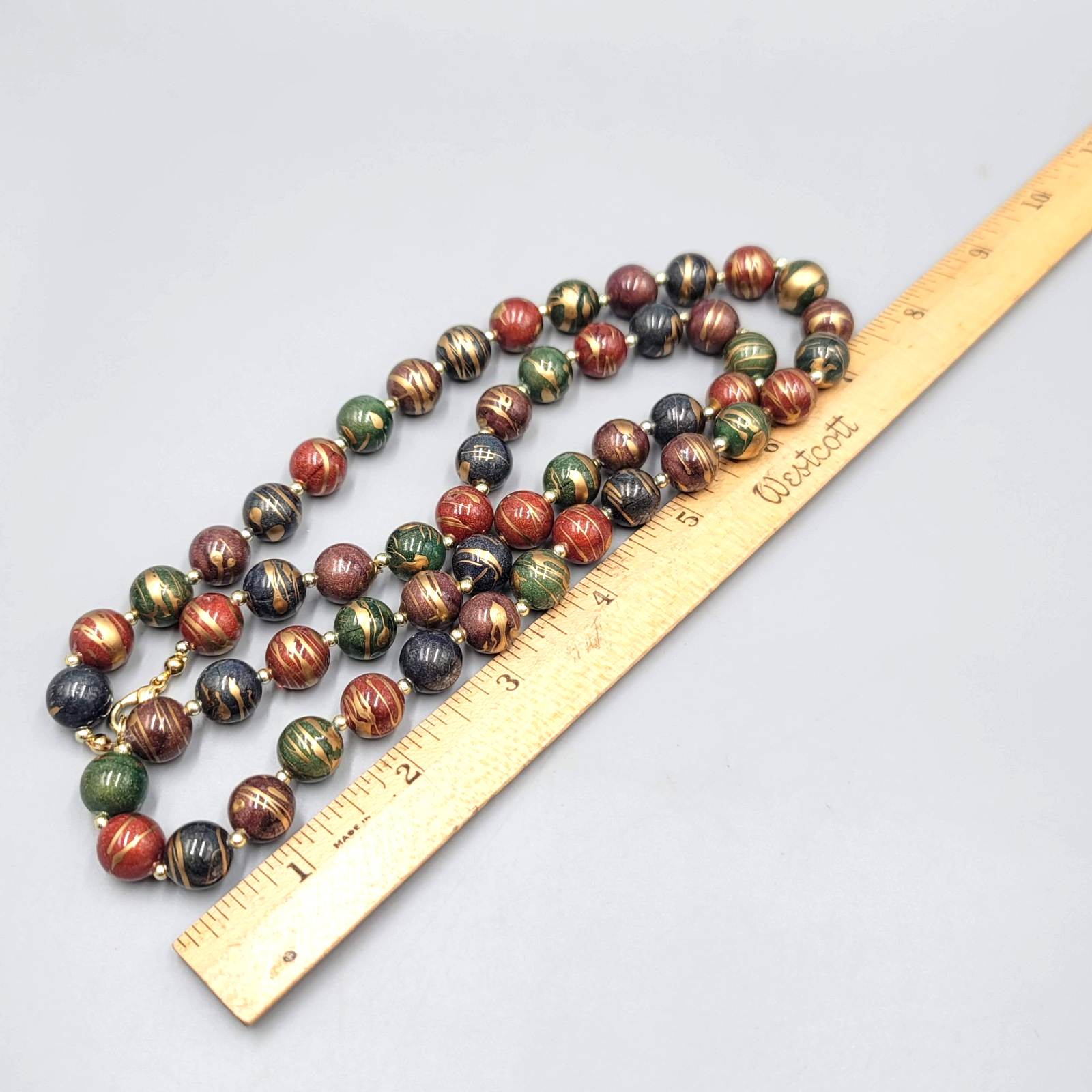 Vintage Multicolor Fall Colors Beads Necklace Gold tone  32"