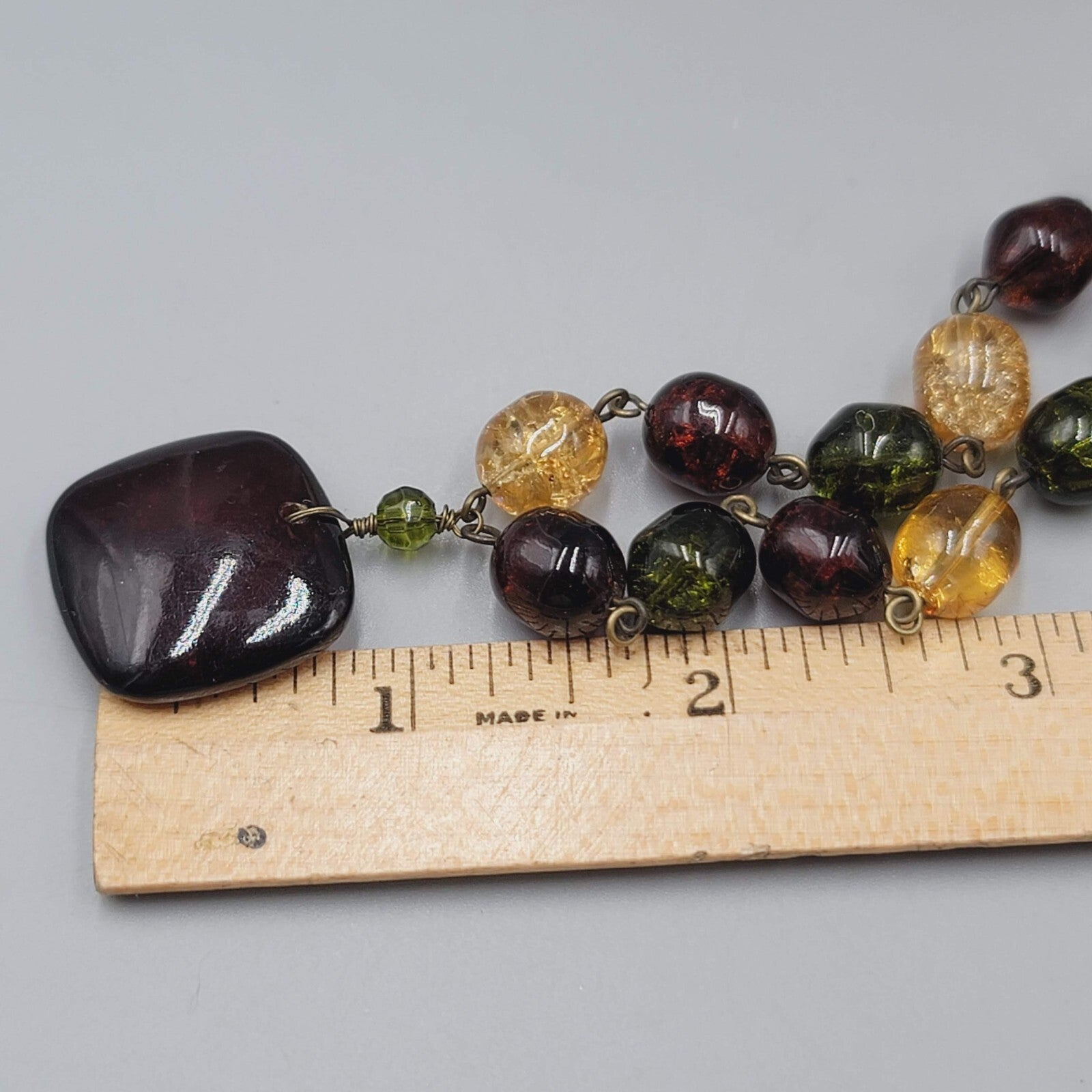 Monet Necklace Glass Bead Bronze tone Red Yellow Green 26"-28"